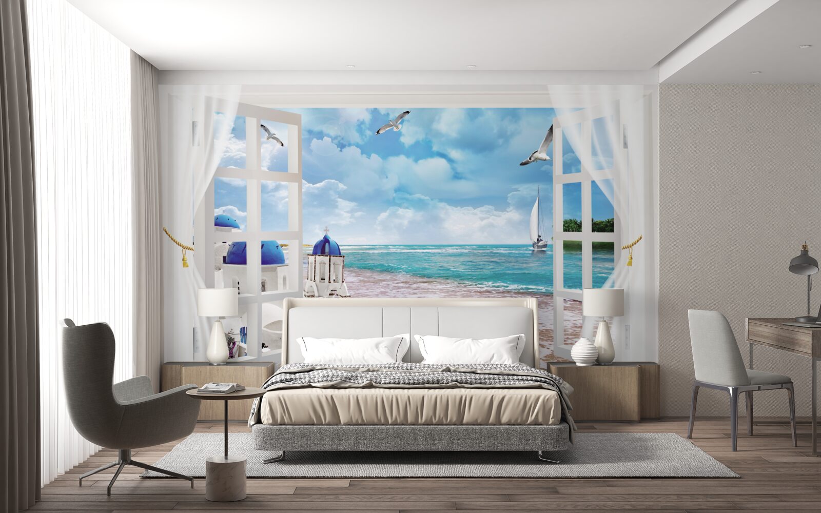 Fototapet o vedere a plajei din grecia de la o fereastră