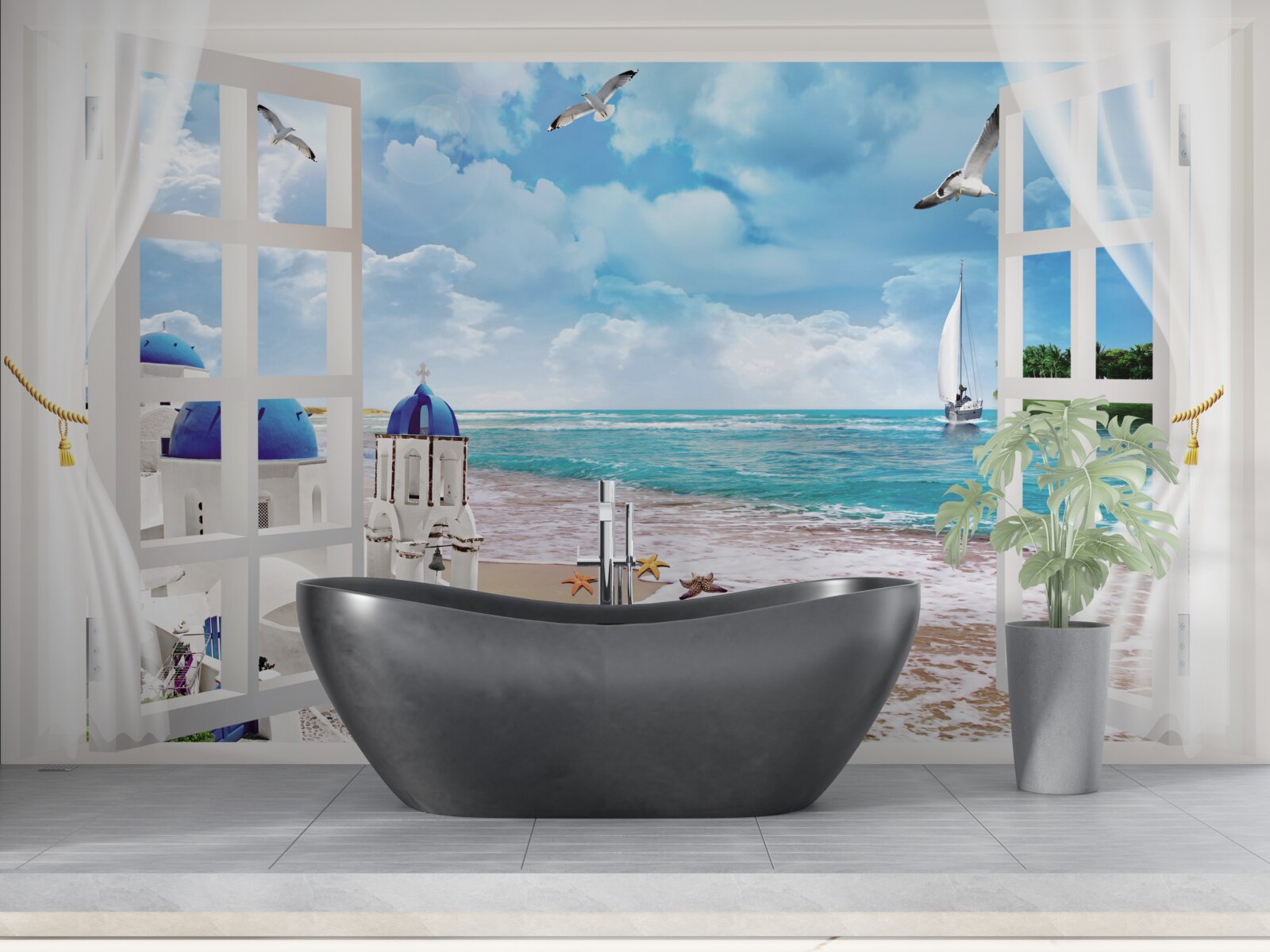 Fototapet o vedere a plajei din grecia de la o fereastră