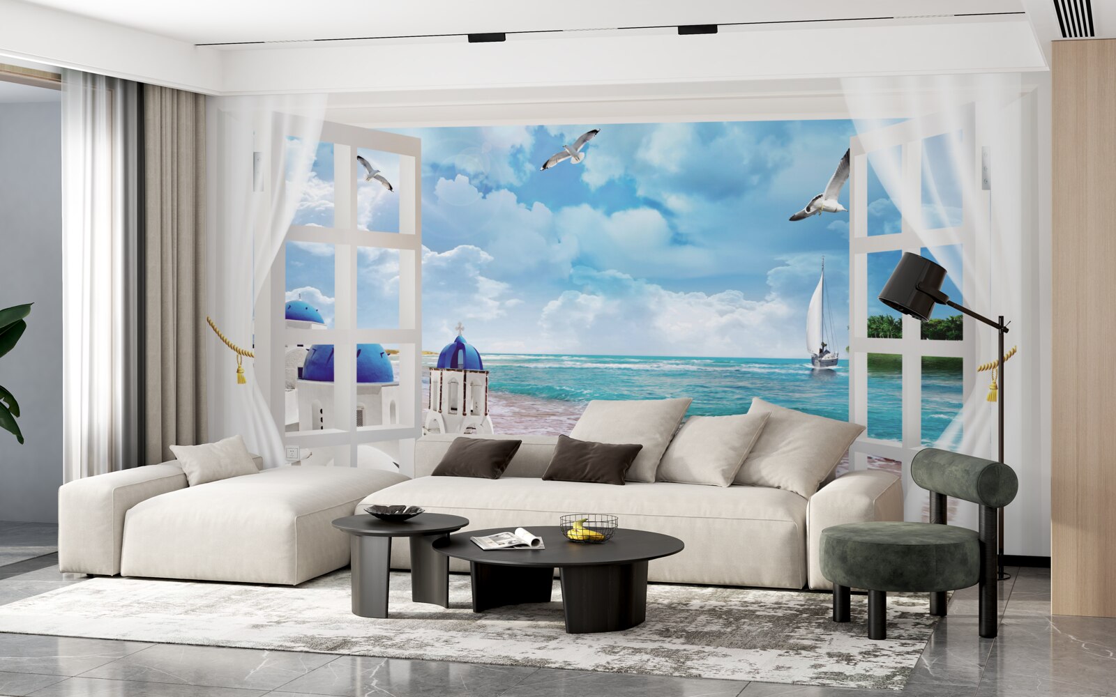 Fototapet o vedere a plajei din grecia de la o fereastră