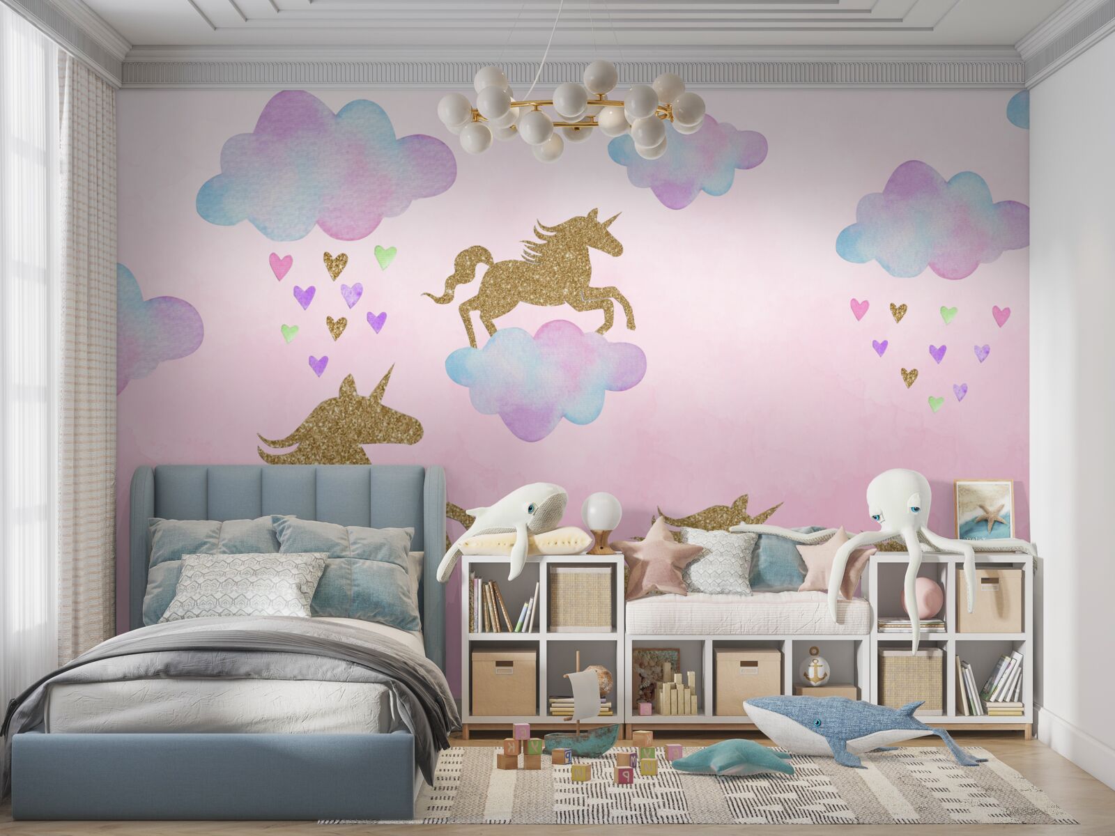 Fototapet unicornii se joacă în nori