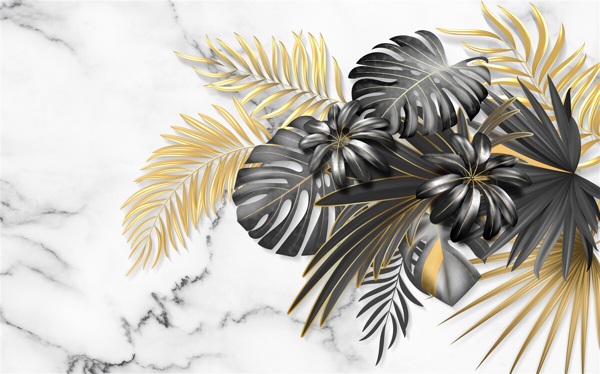 Fototapet frunze de ferigă aurii și negre