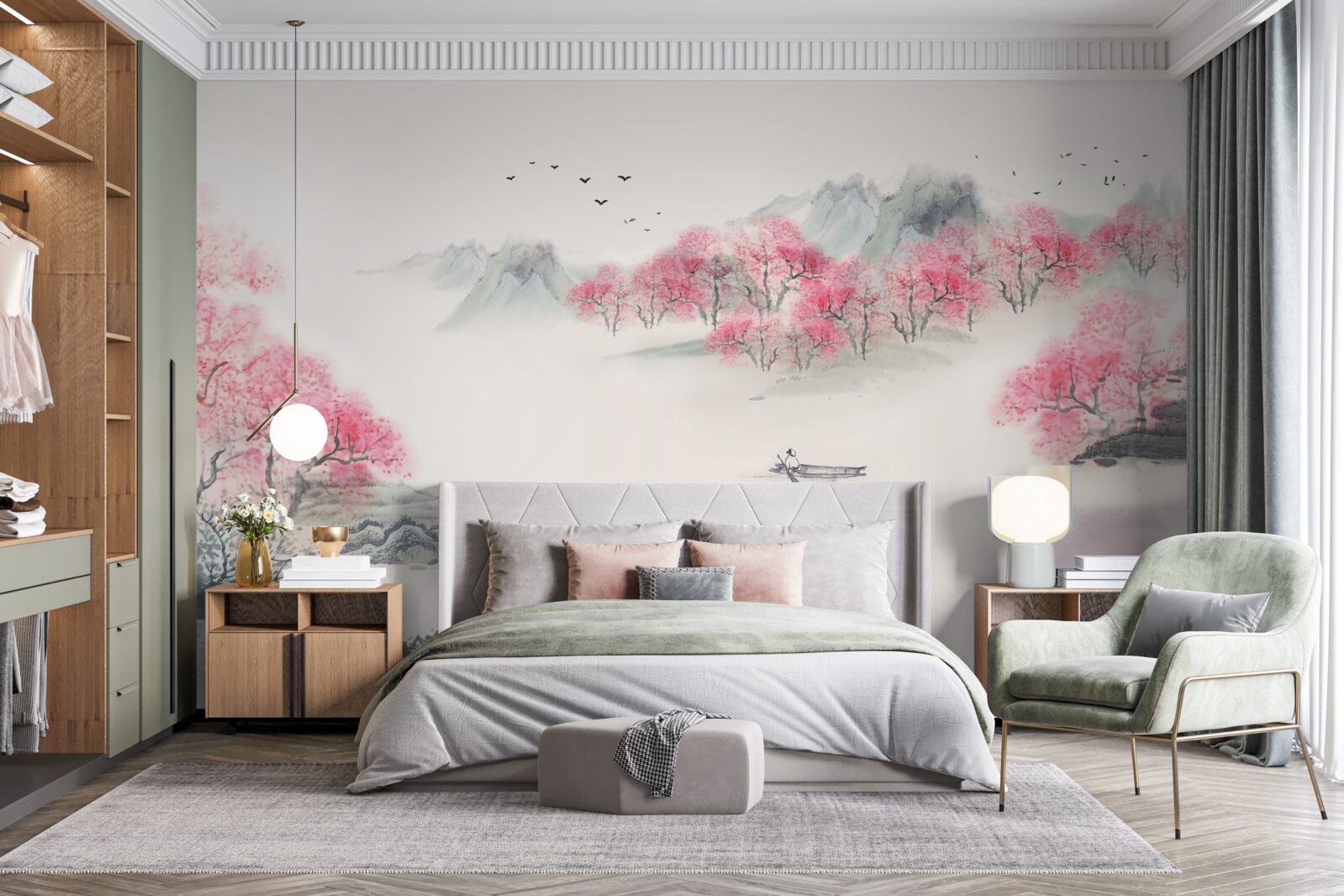 Fototapet Barcă în pădurea învăluită în ceața dimineții