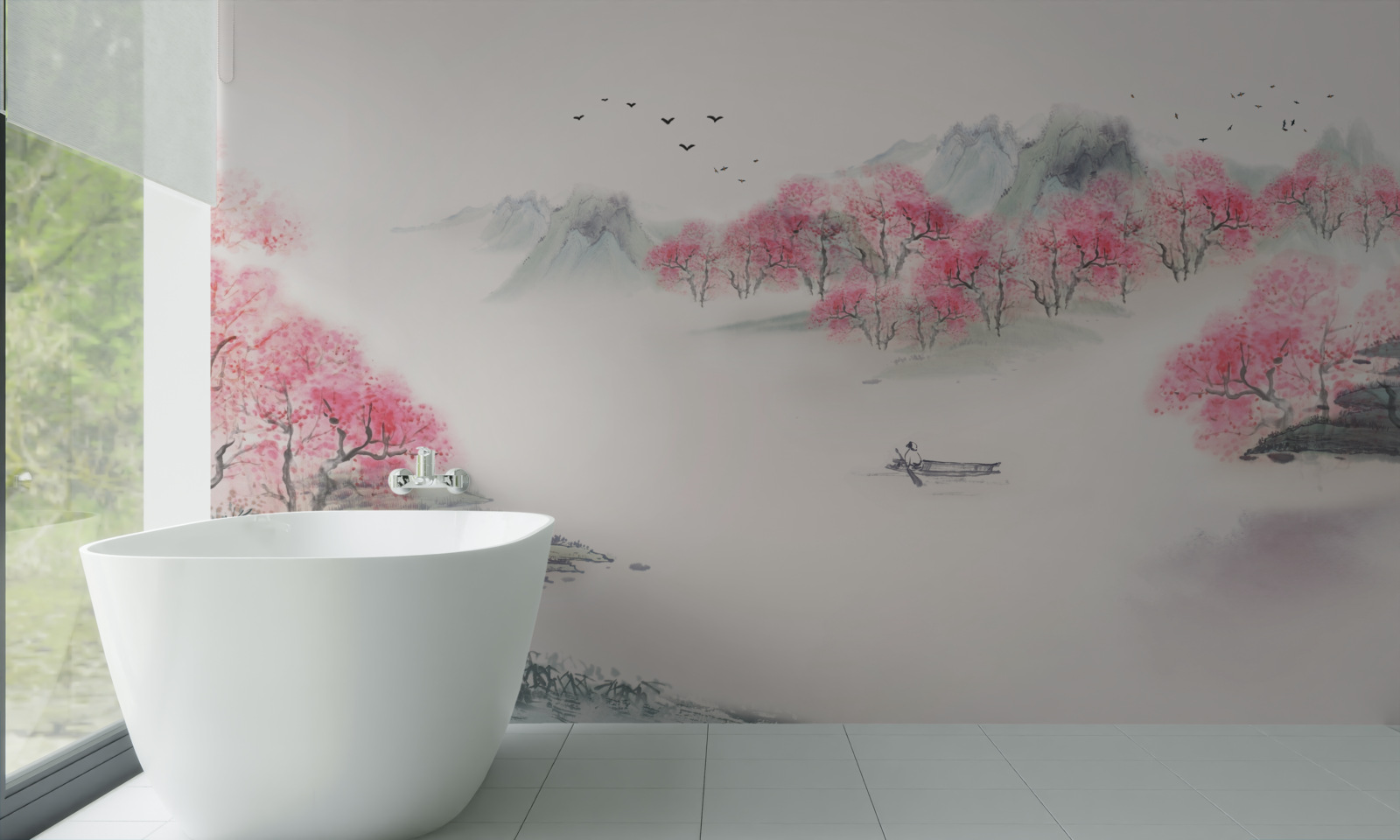 Fototapet Barcă în pădurea învăluită în ceața dimineții