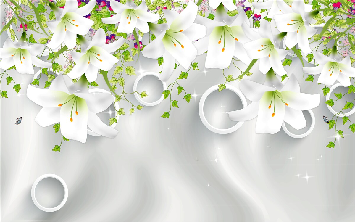 Fototapet florile sunt albe cu frunze verzi