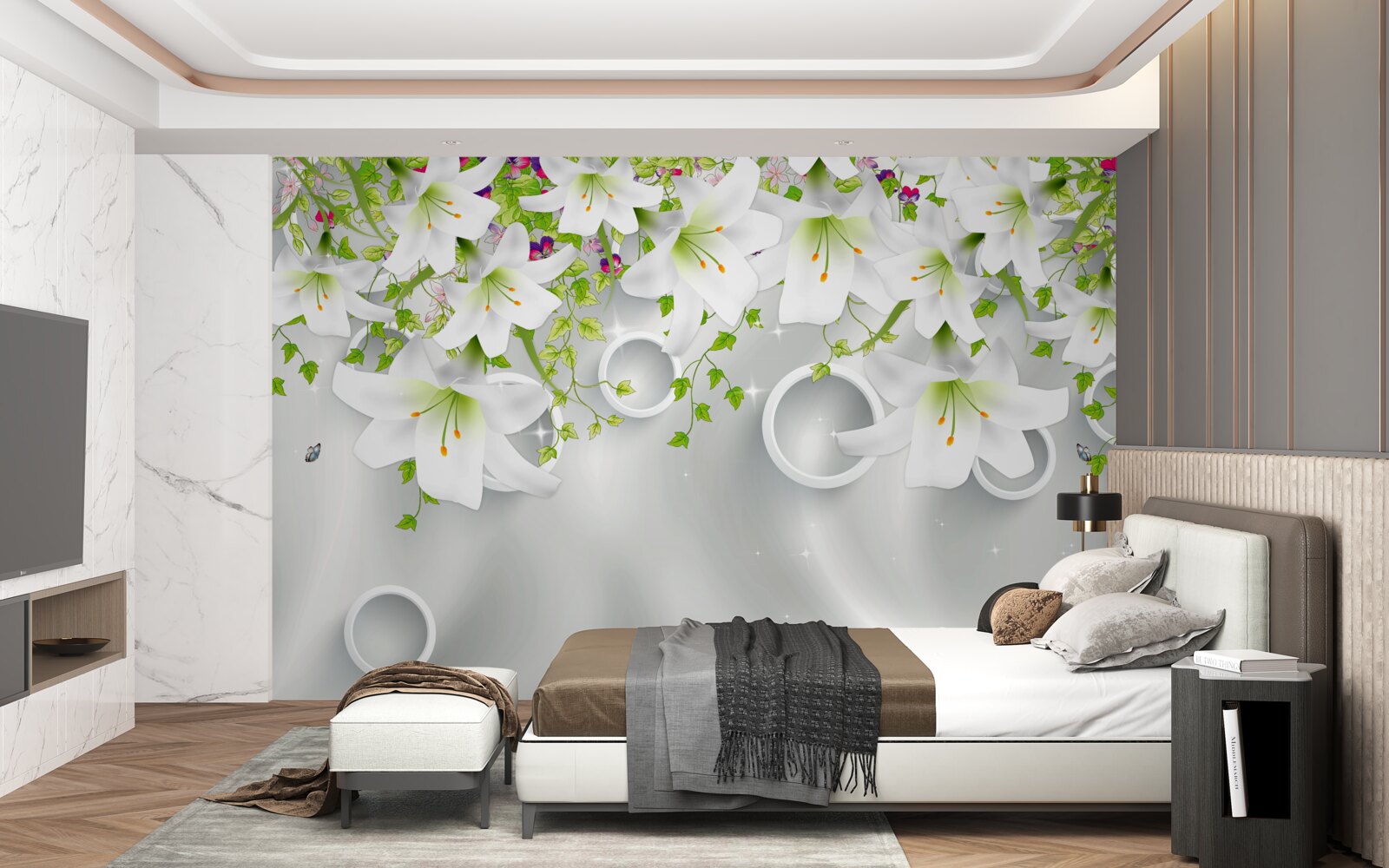 Fototapet florile sunt albe cu frunze verzi