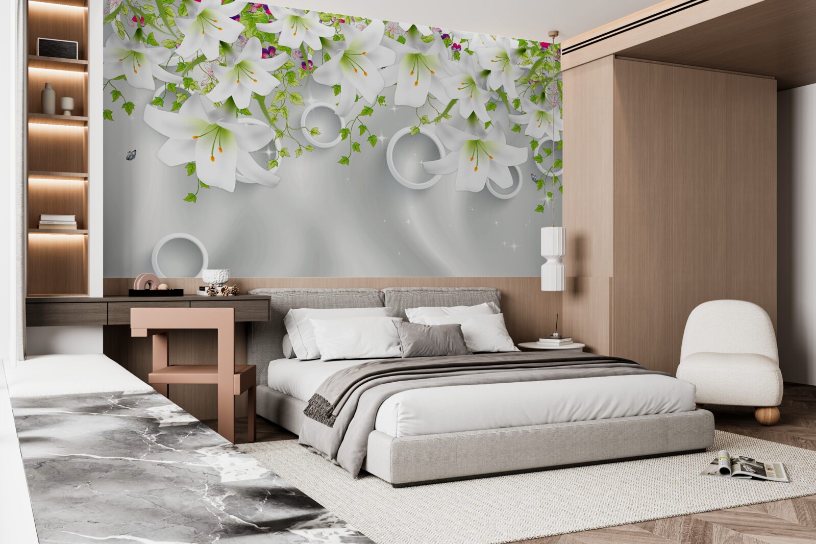 Fototapet florile sunt albe cu frunze verzi