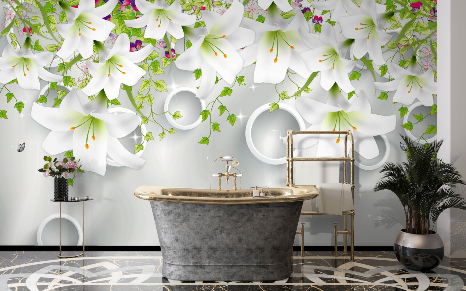 Fototapet florile sunt albe cu frunze verzi