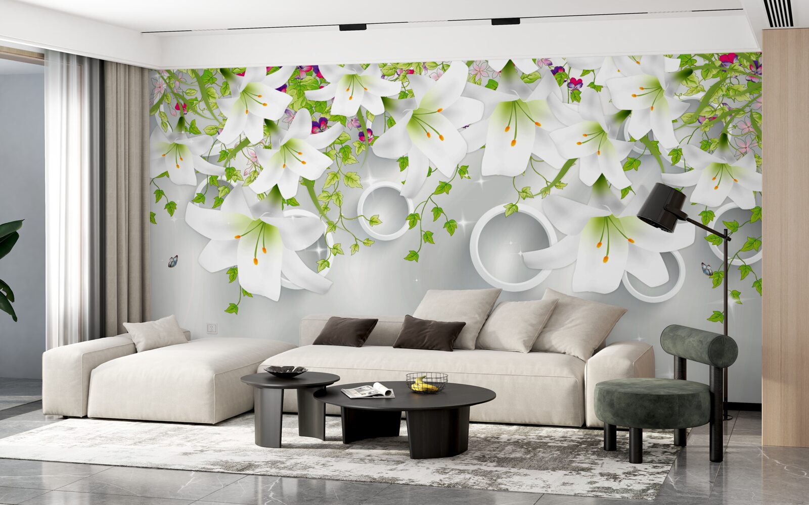 Fototapet florile sunt albe cu frunze verzi