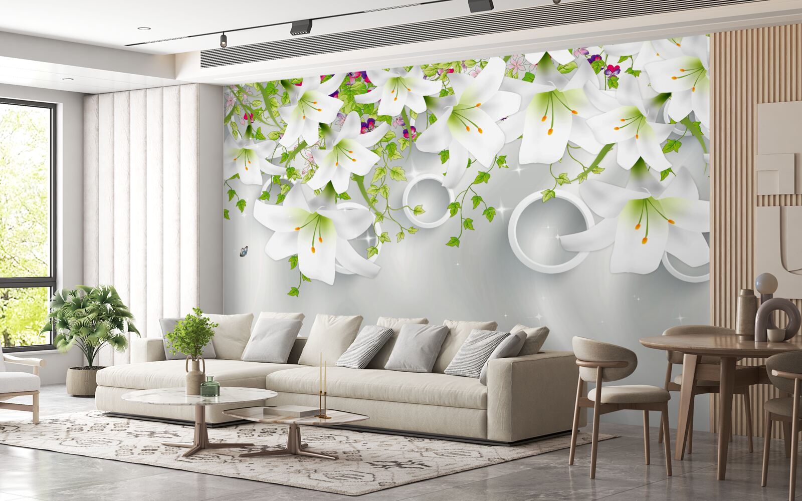 Fototapet florile sunt albe cu frunze verzi