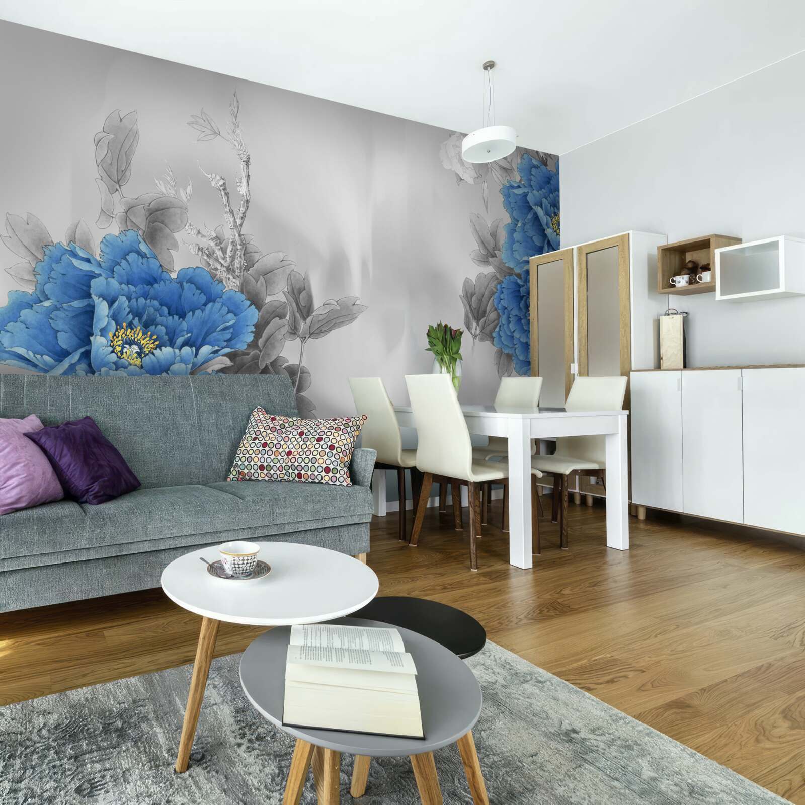 Fototapet flori albastre pe fundal gri