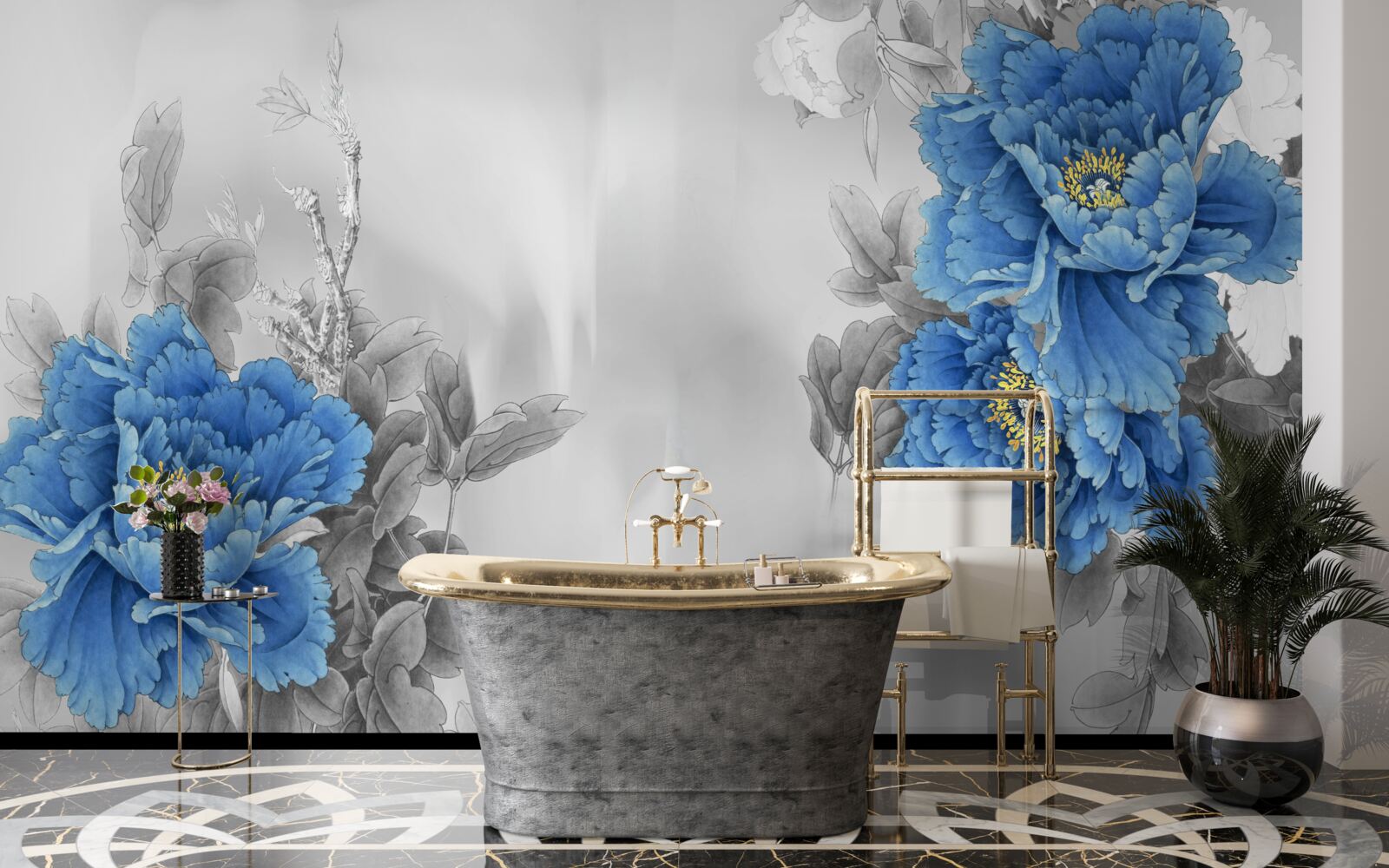 Fototapet flori albastre pe fundal gri