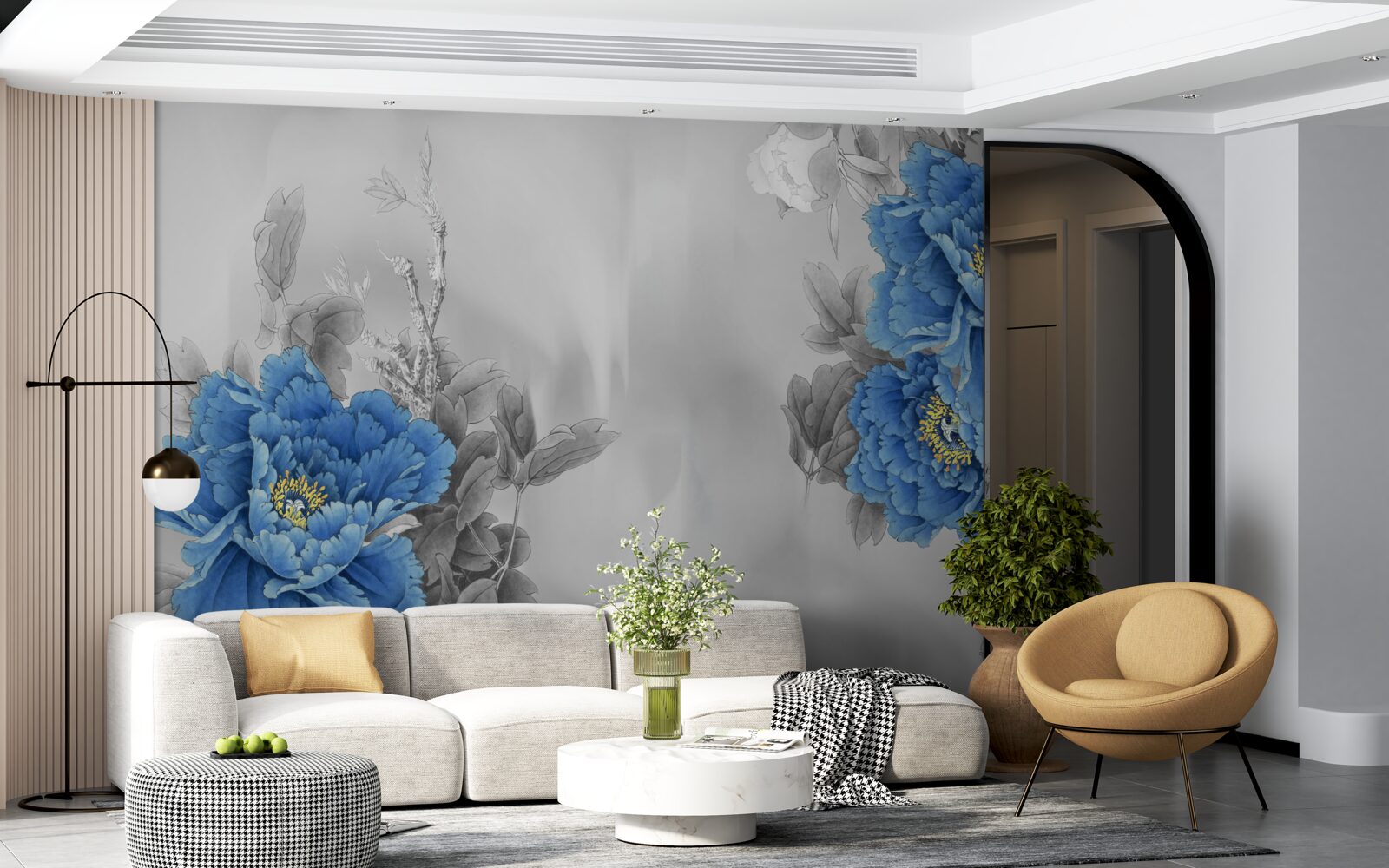 Fototapet flori albastre pe fundal gri