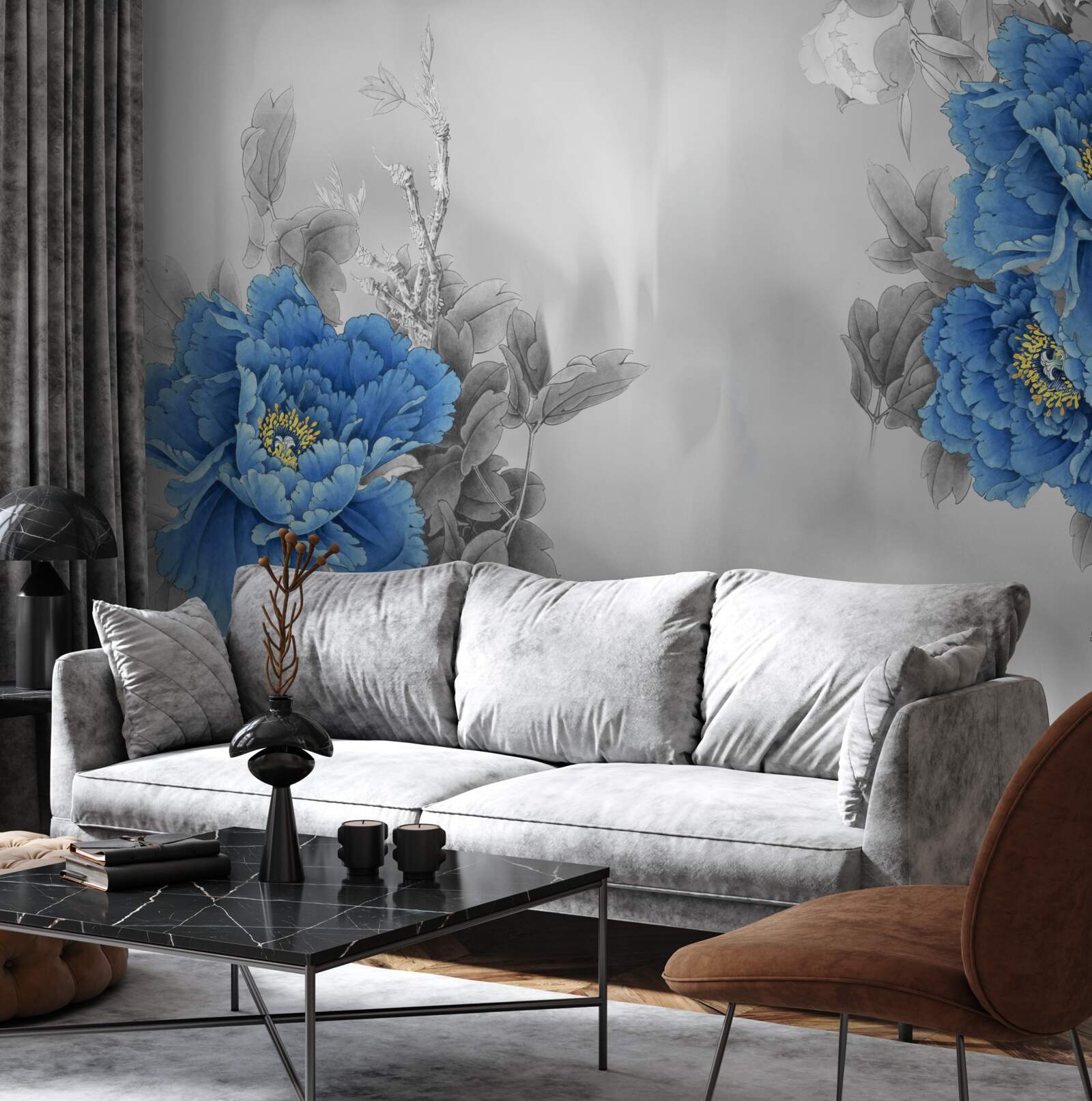 Fototapet flori albastre pe fundal gri