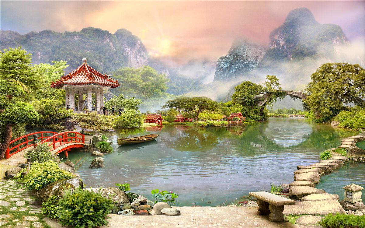 Fototapet peisajul cețos al unei grădini japoneze