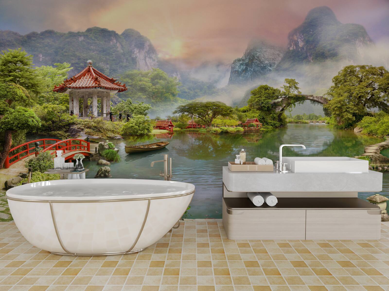 Fototapet peisajul cețos al unei grădini japoneze