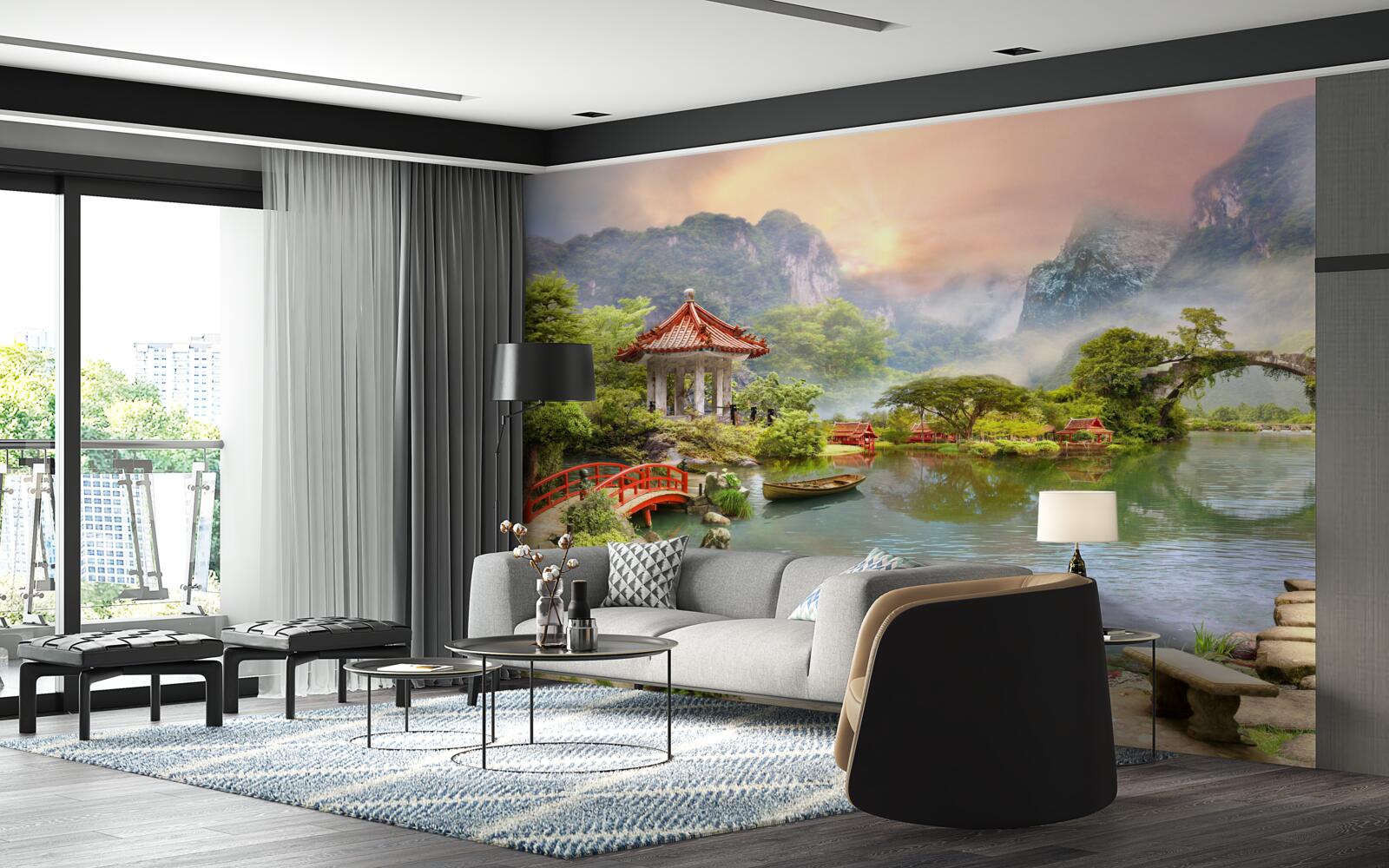 Fototapet peisajul cețos al unei grădini japoneze