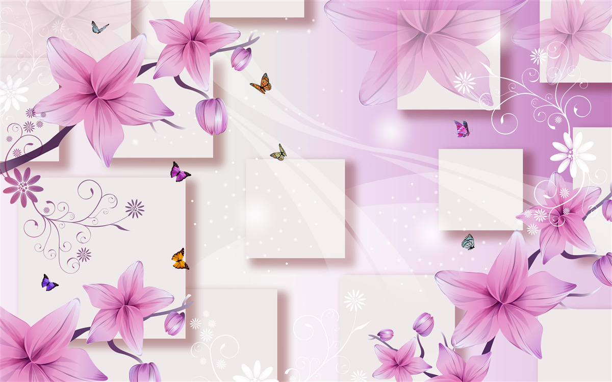 Fototapet forme geometrice decorate cu flori mov închis