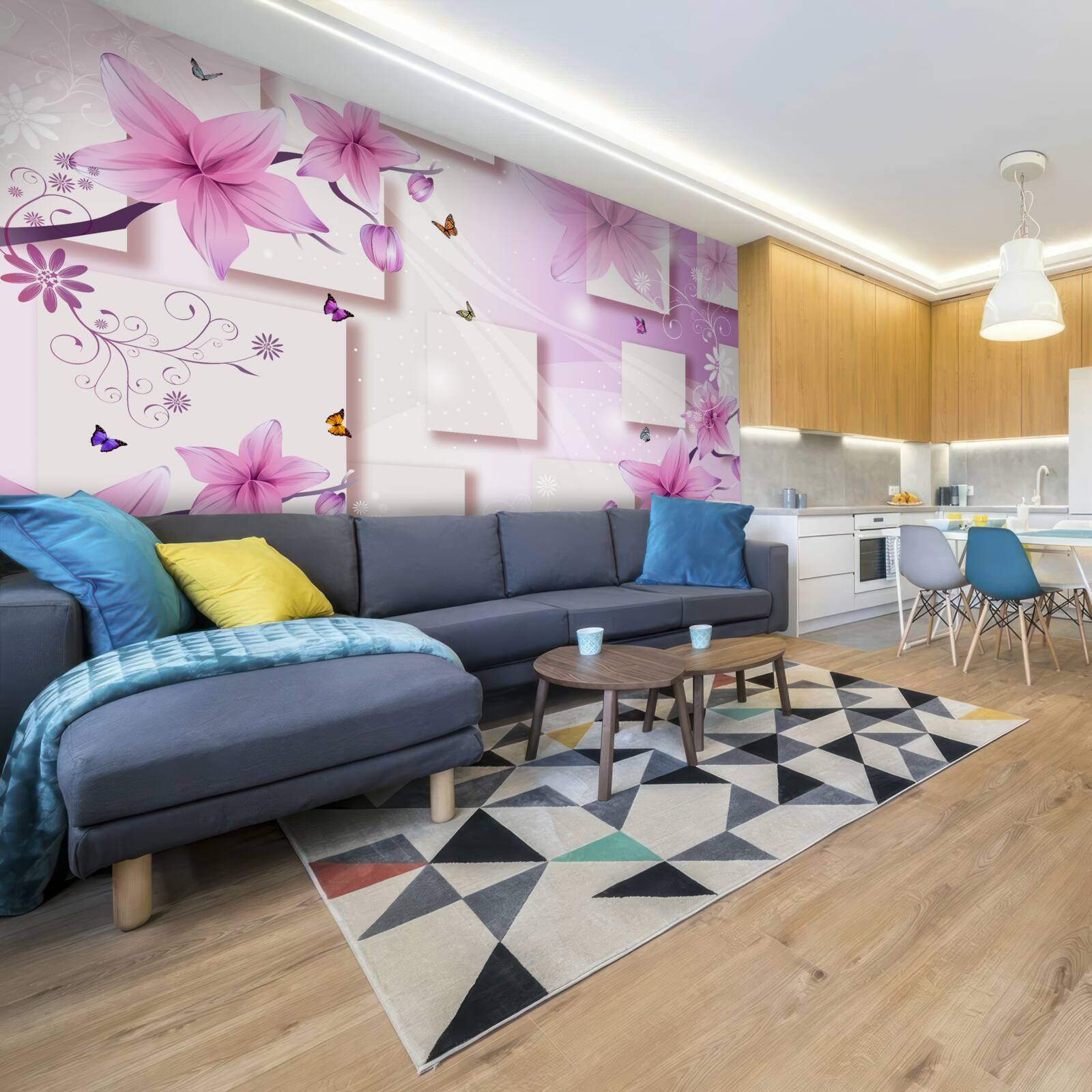 Fototapet forme geometrice decorate cu flori mov închis