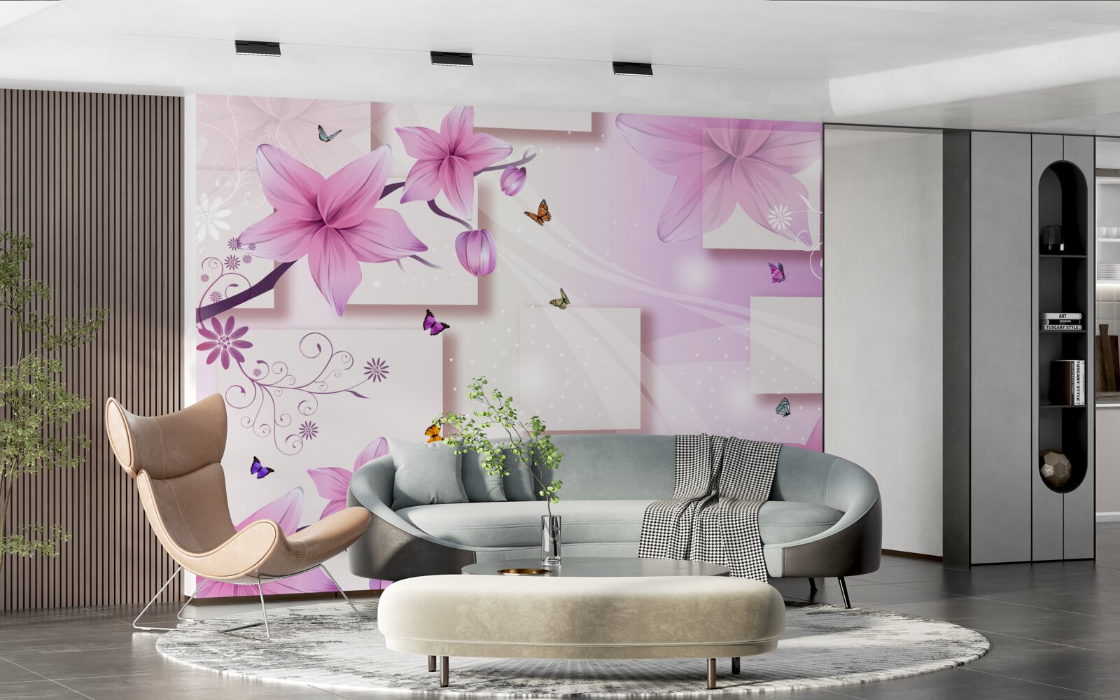 Fototapet forme geometrice decorate cu flori mov închis