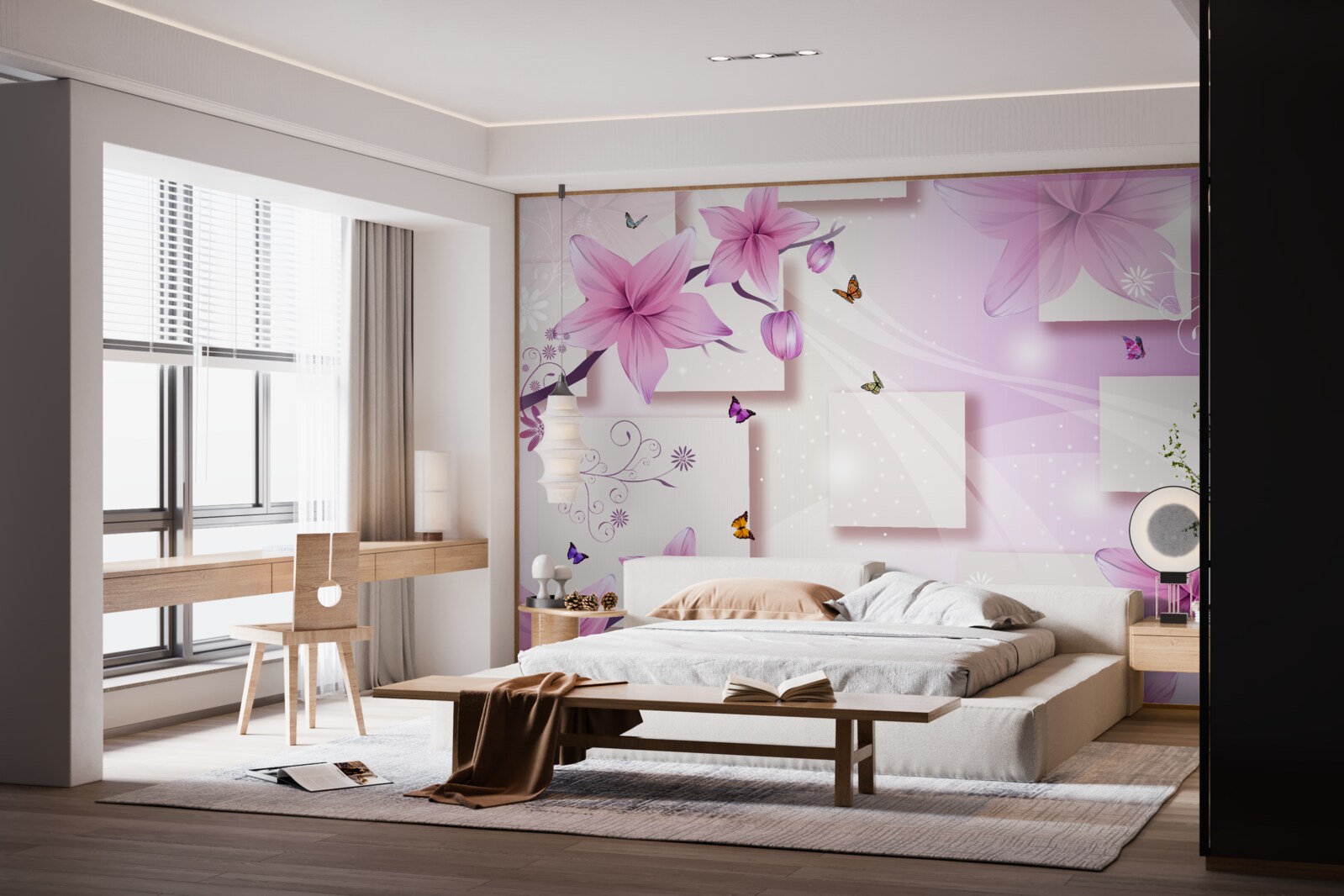 Fototapet forme geometrice decorate cu flori mov închis