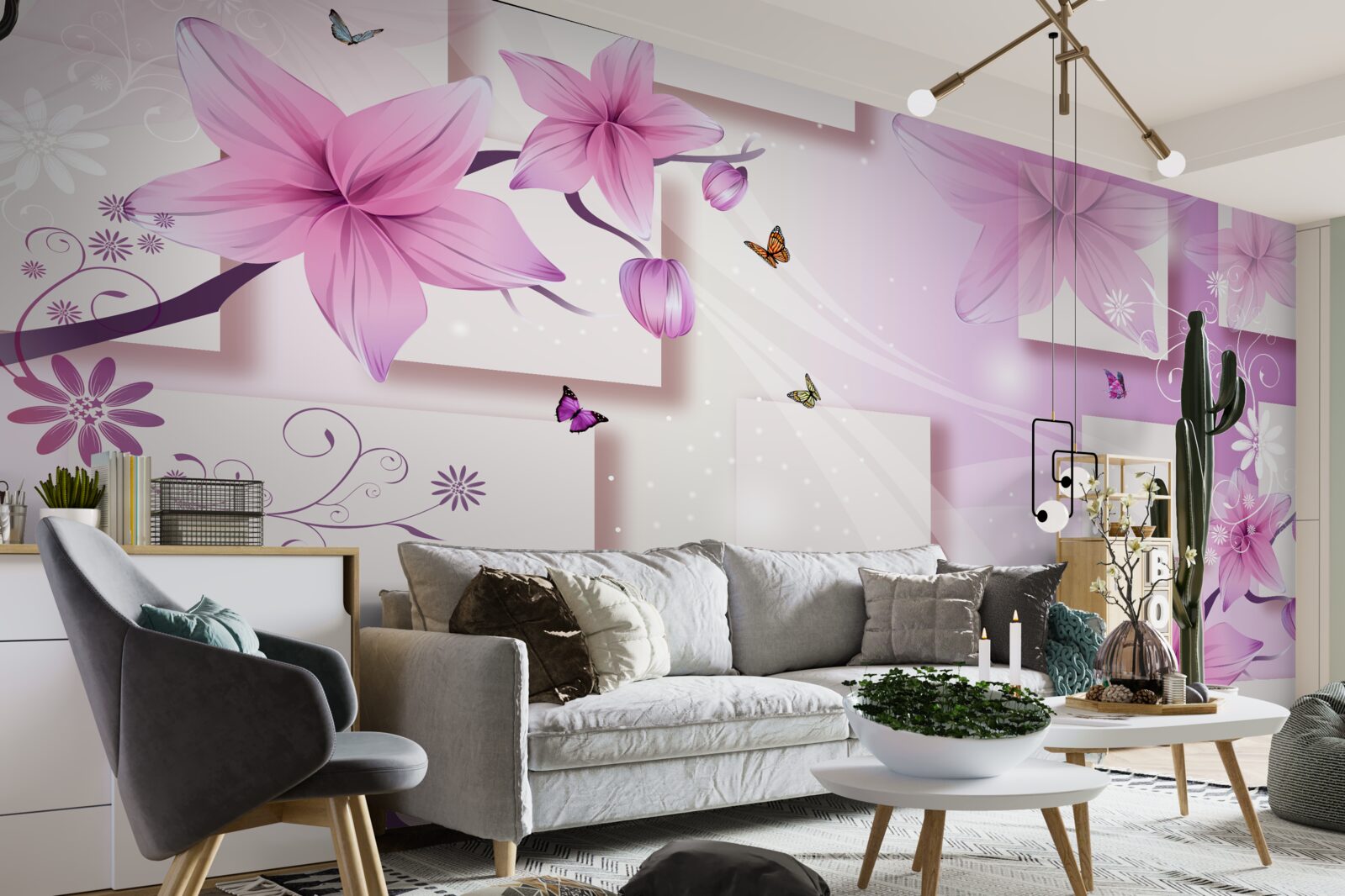 Fototapet forme geometrice decorate cu flori mov închis