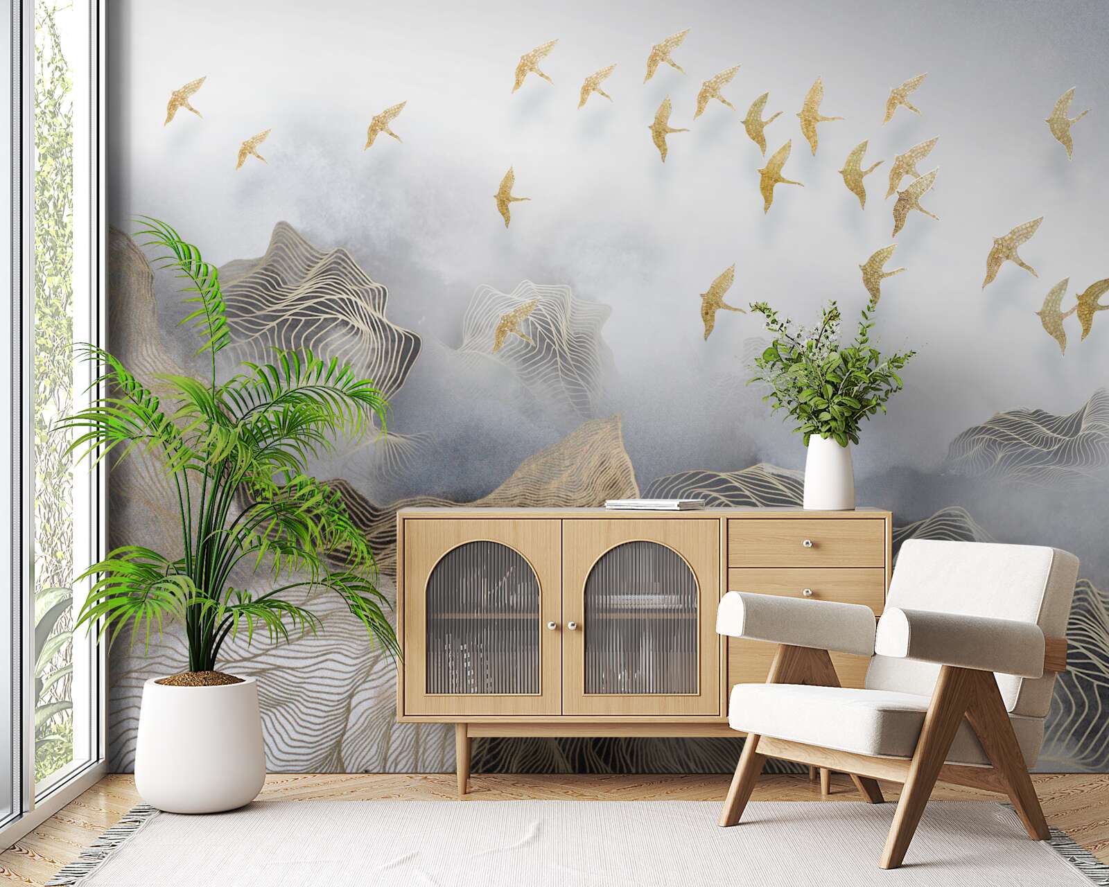 Fototapet munți și păsări în ceața abstracției