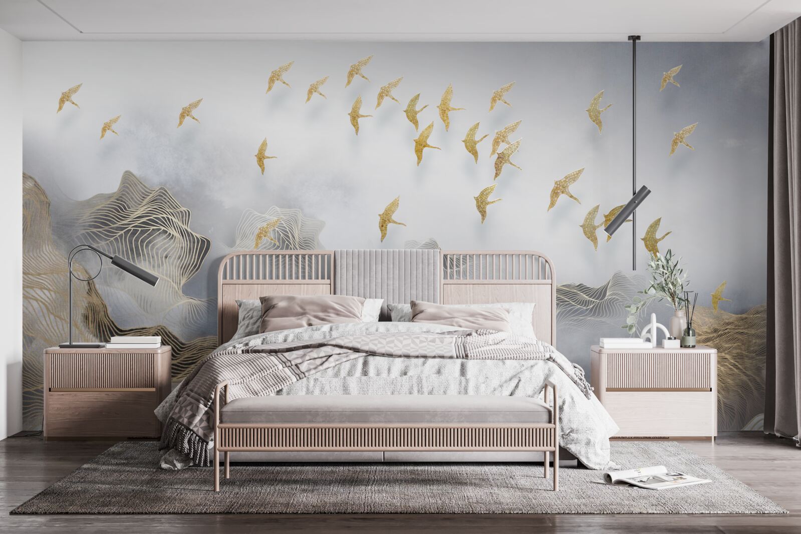 Fototapet munți și păsări în ceața abstracției