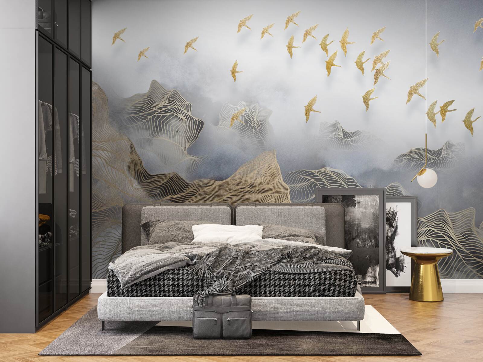 Fototapet munți și păsări în ceața abstracției
