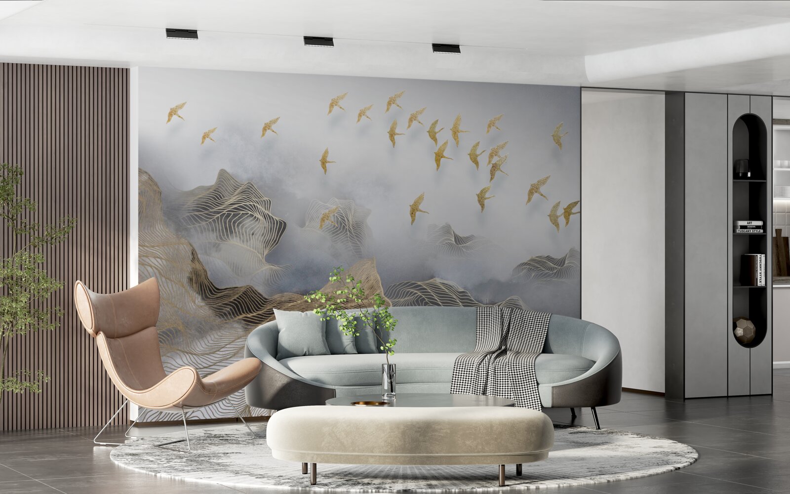 Fototapet munți și păsări în ceața abstracției