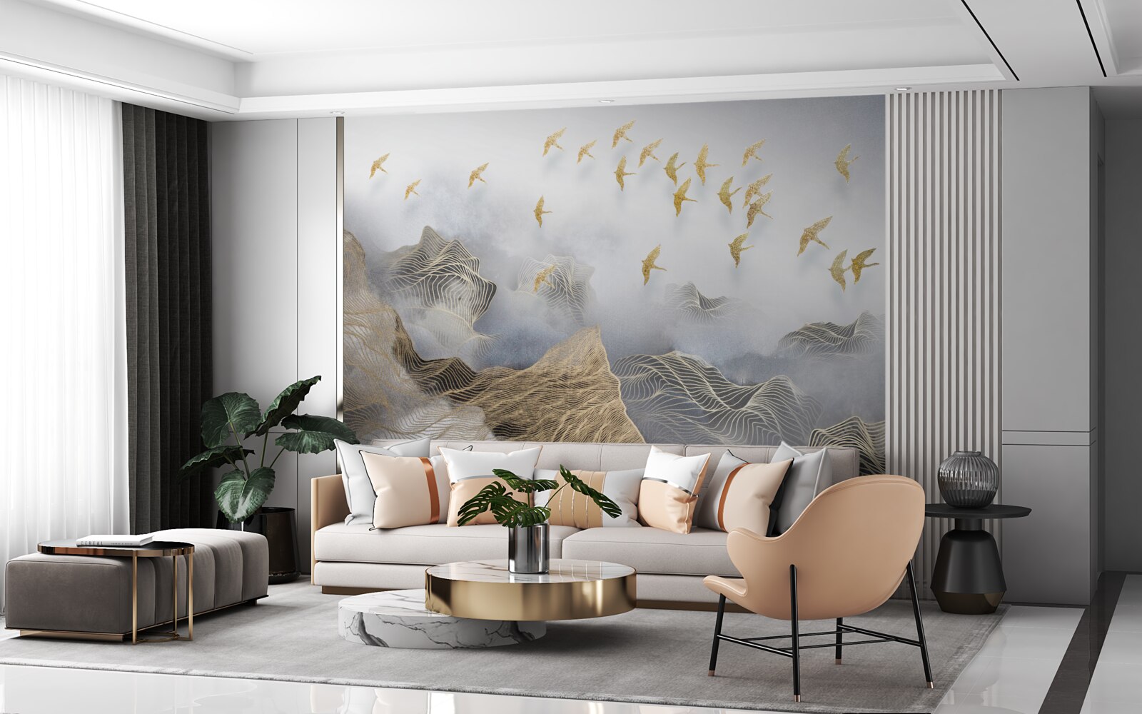 Fototapet munți și păsări în ceața abstracției