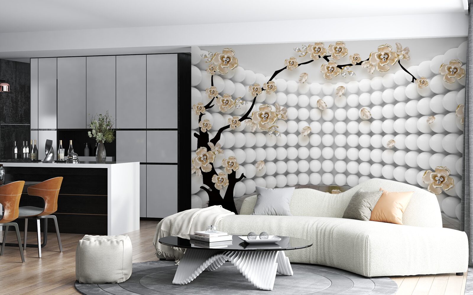 Fototapet cameră cu bile tridimensionale și un copac