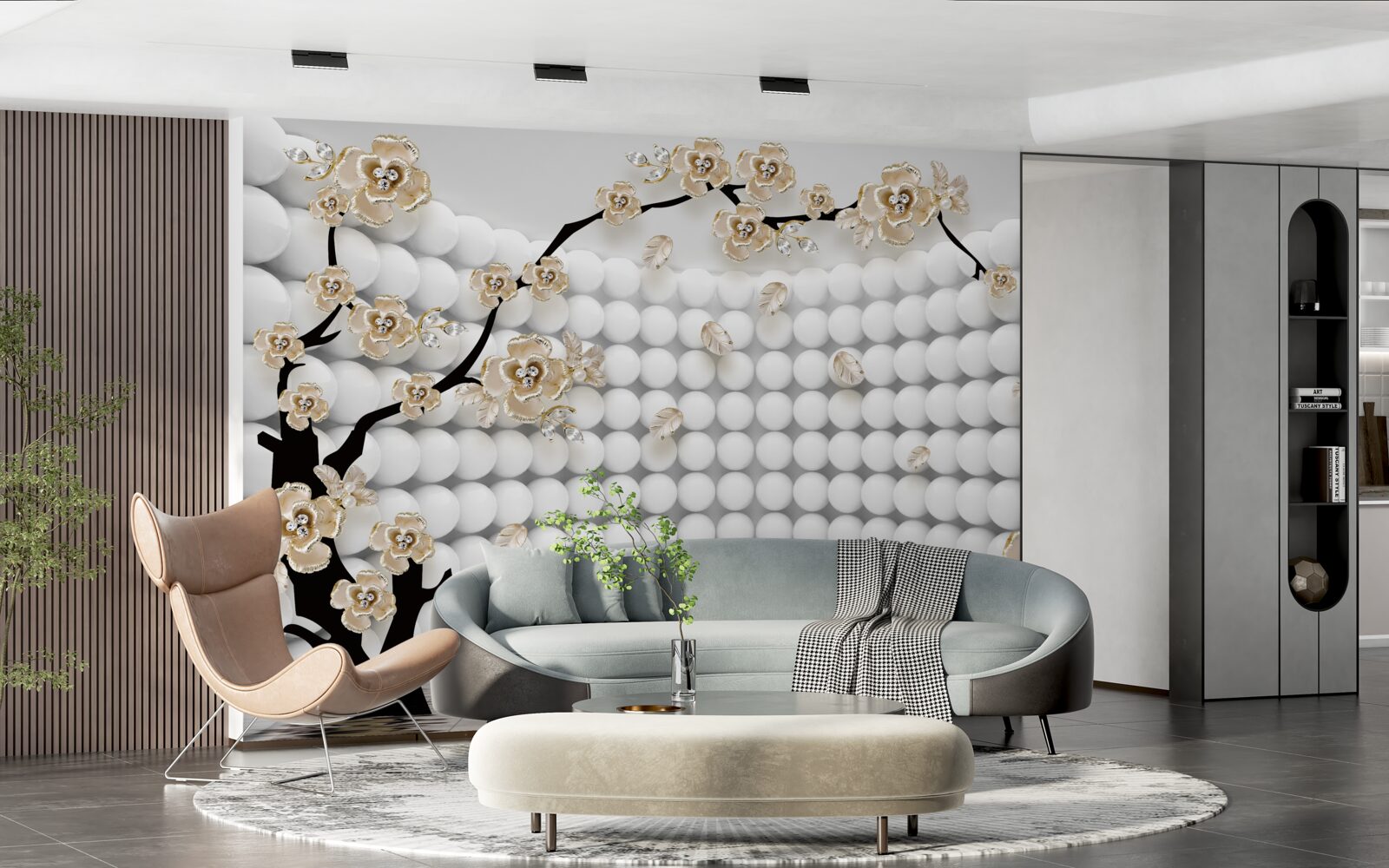 Fototapet cameră cu bile tridimensionale și un copac