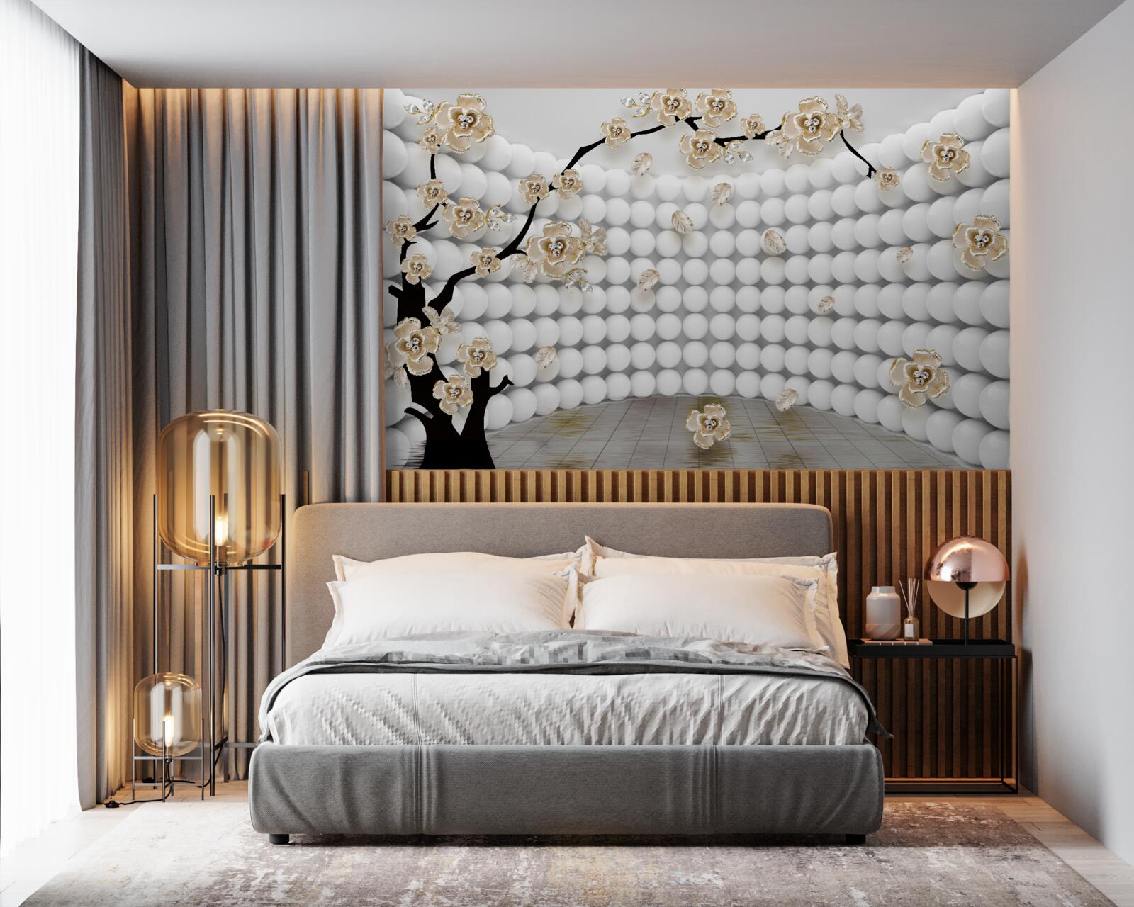 Fototapet cameră cu bile tridimensionale și un copac