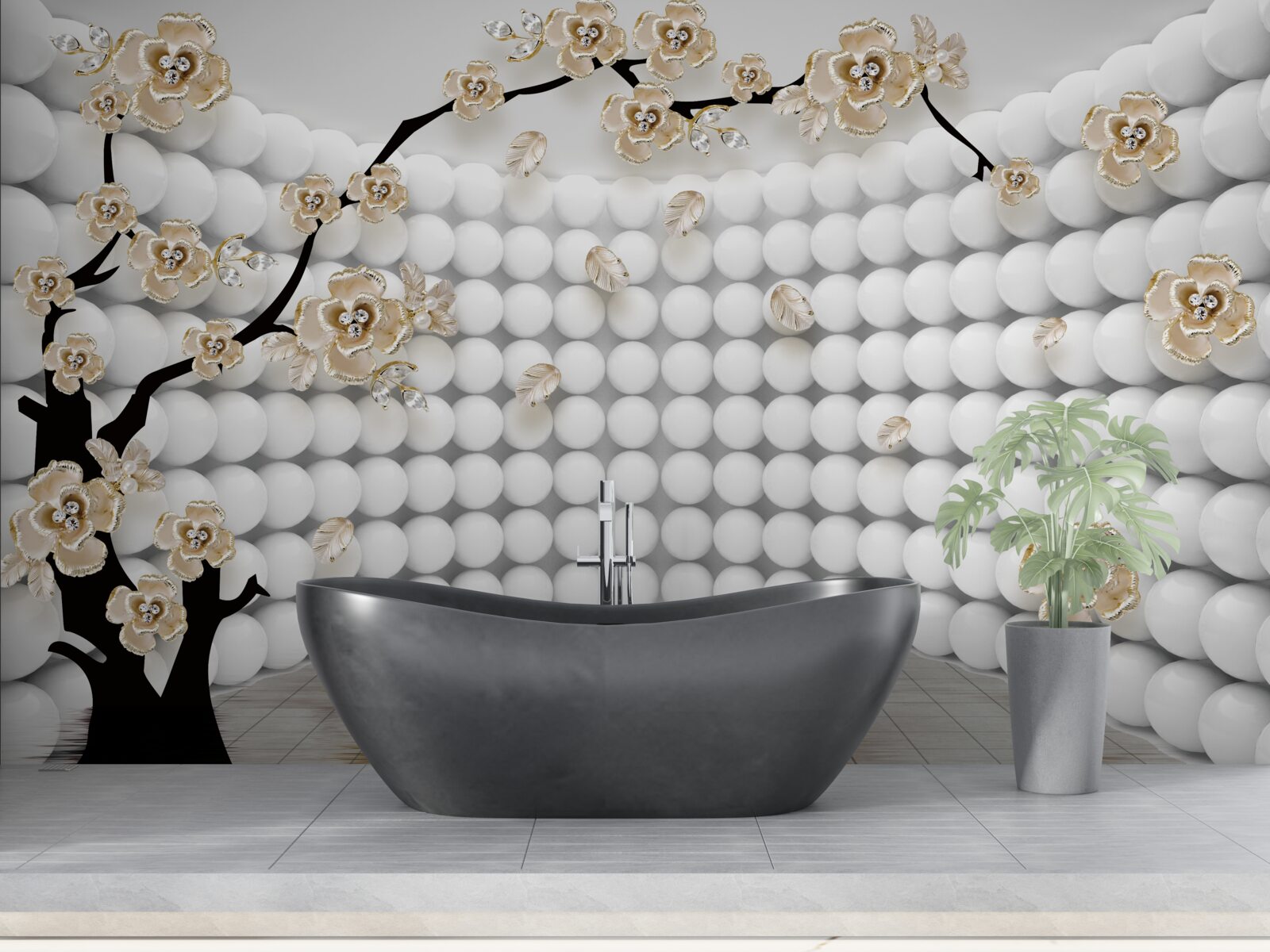 Fototapet cameră cu bile tridimensionale și un copac