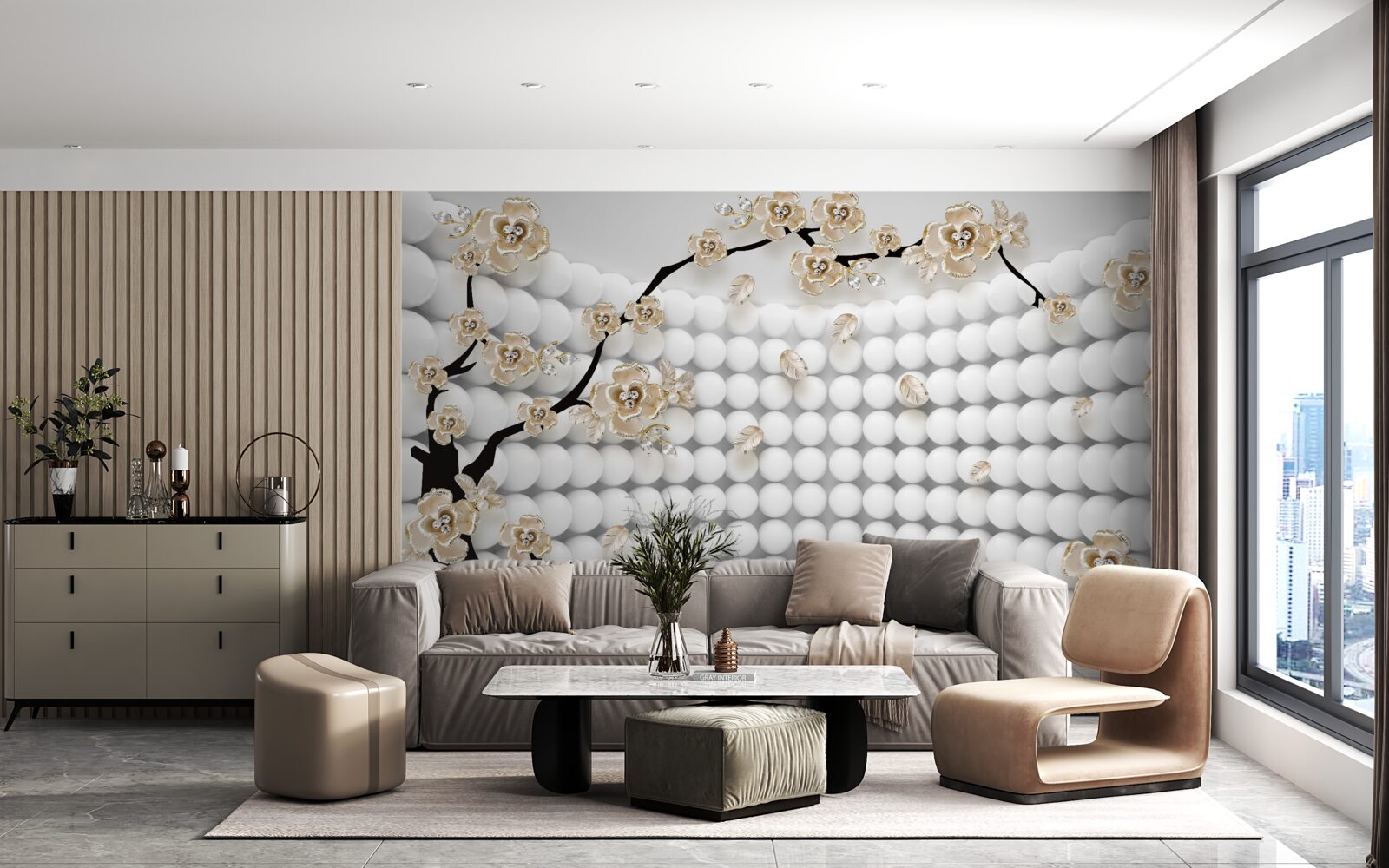 Fototapet cameră cu bile tridimensionale și un copac