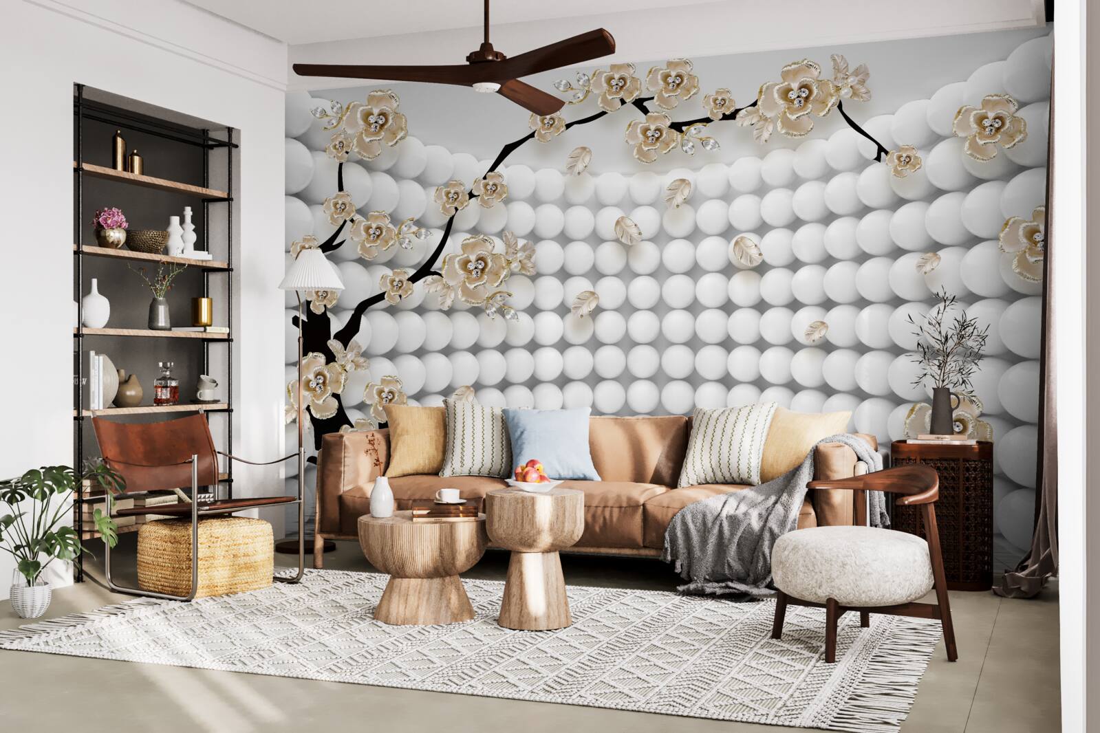 Fototapet cameră cu bile tridimensionale și un copac