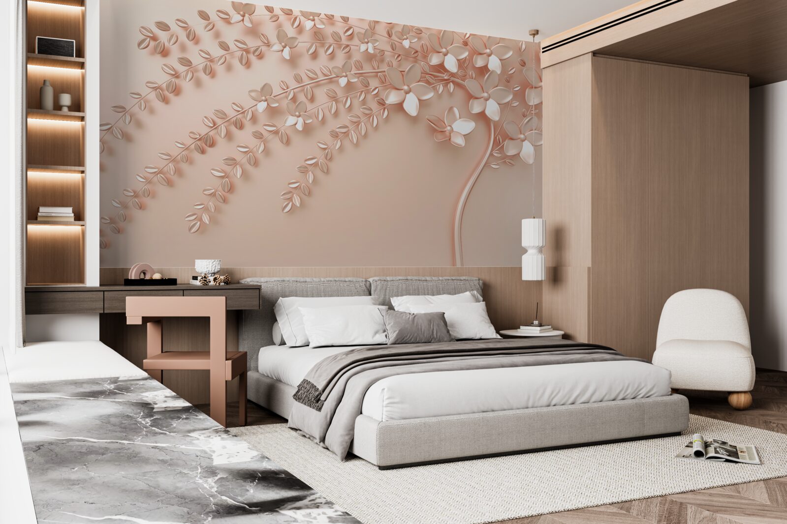 Fototapet copac cu lemn fin și înflorire bogată