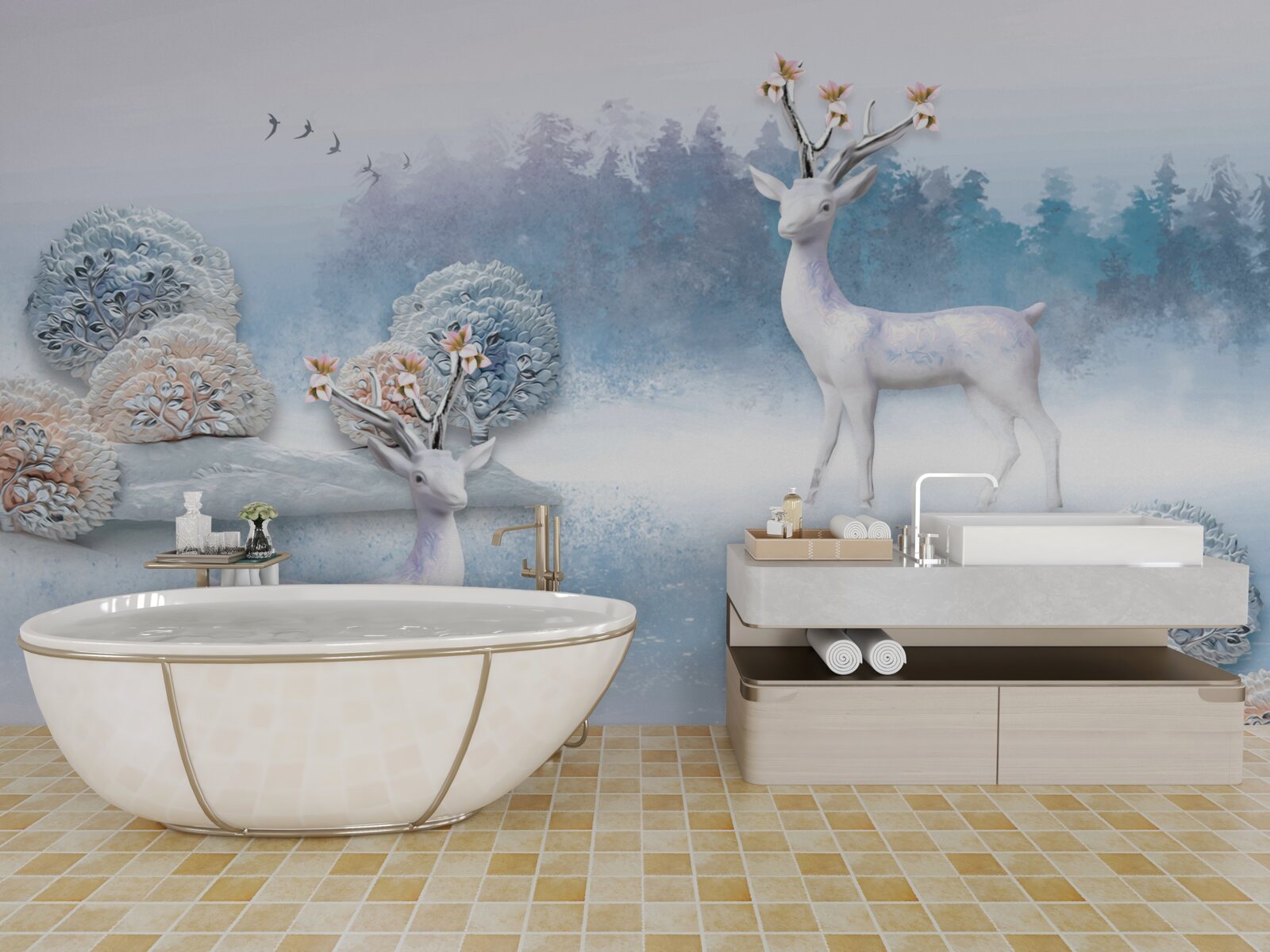 Fototapet căprioară într-o pădure de iarnă