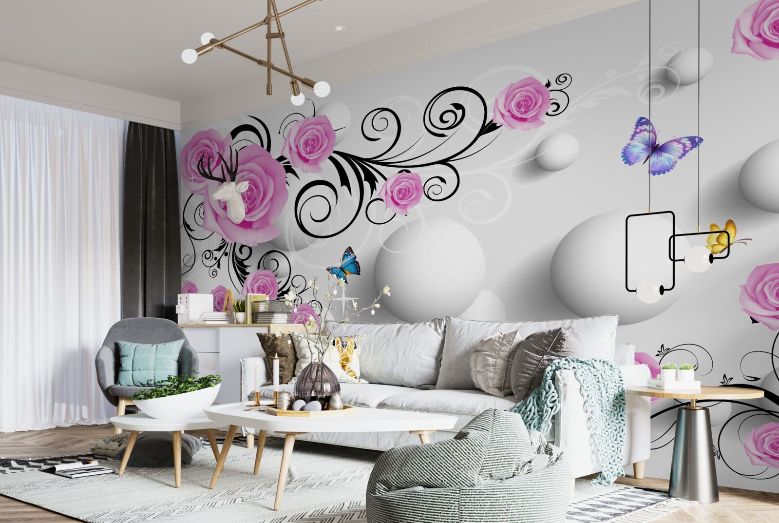 Fototapet trandafiri colorați pe un fundal 3d format din bile