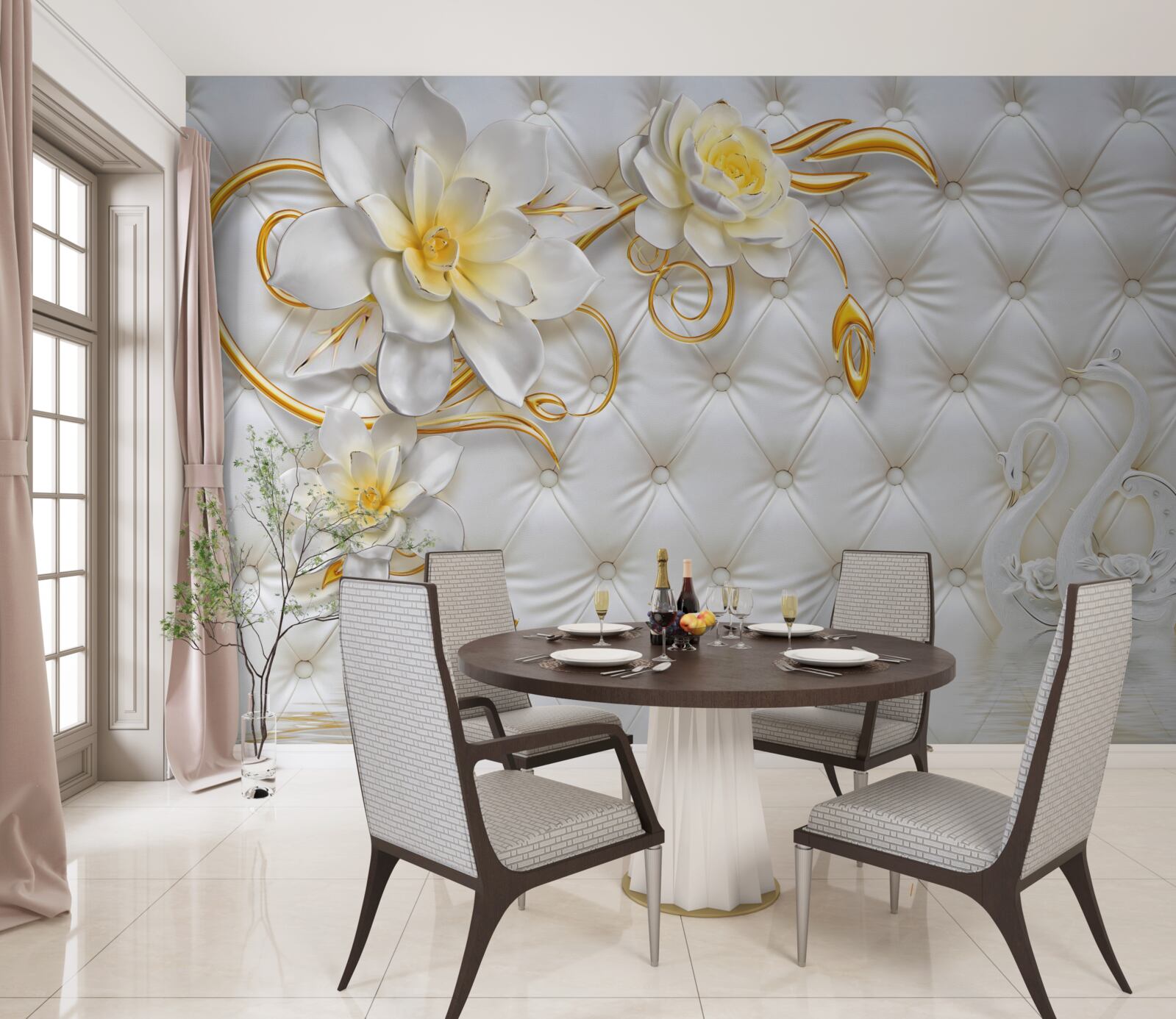 Fototapet textură țesătură albă și flori