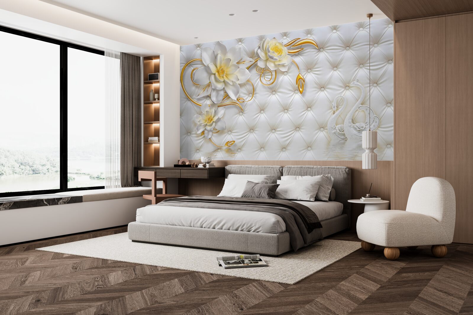 Fototapet textură țesătură albă și flori