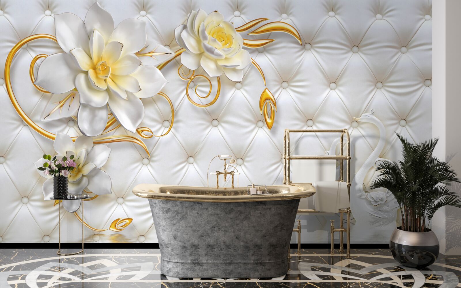 Fototapet textură țesătură albă și flori