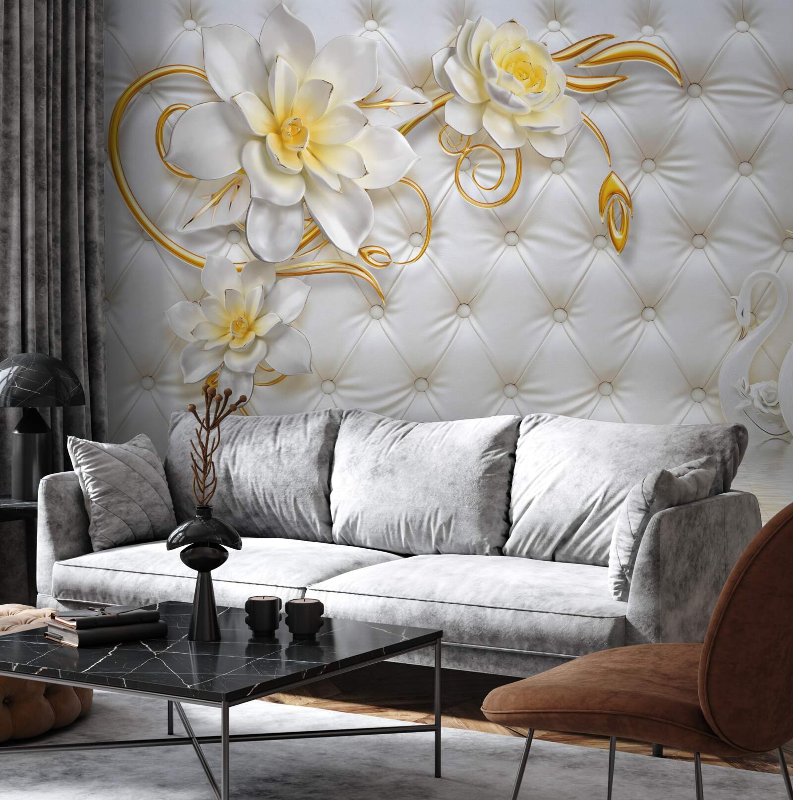 Fototapet textură țesătură albă și flori