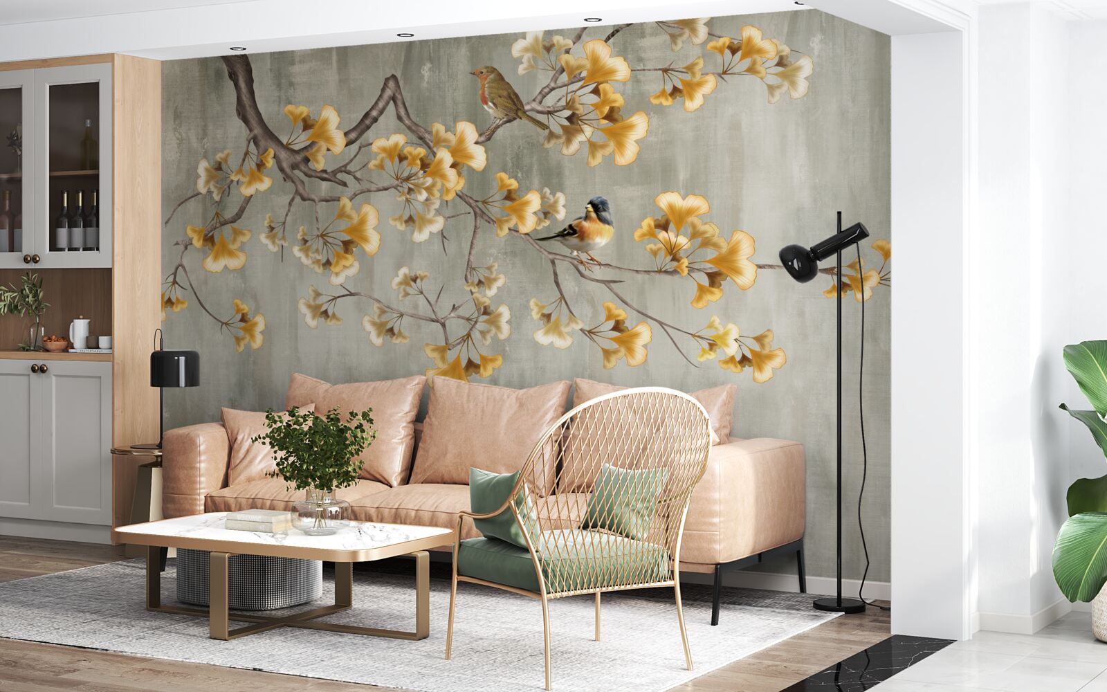 Fototapet păsări și o ramură cu flori galbene
