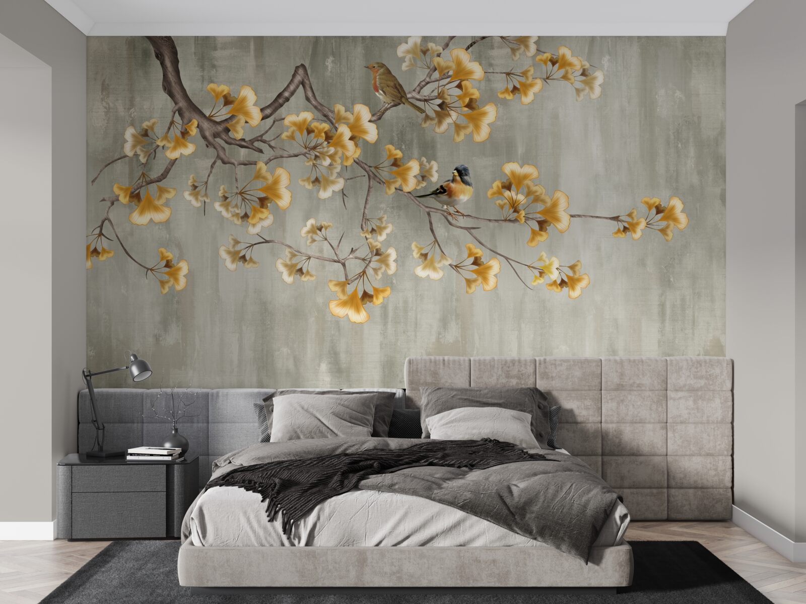 Fototapet păsări și o ramură cu flori galbene