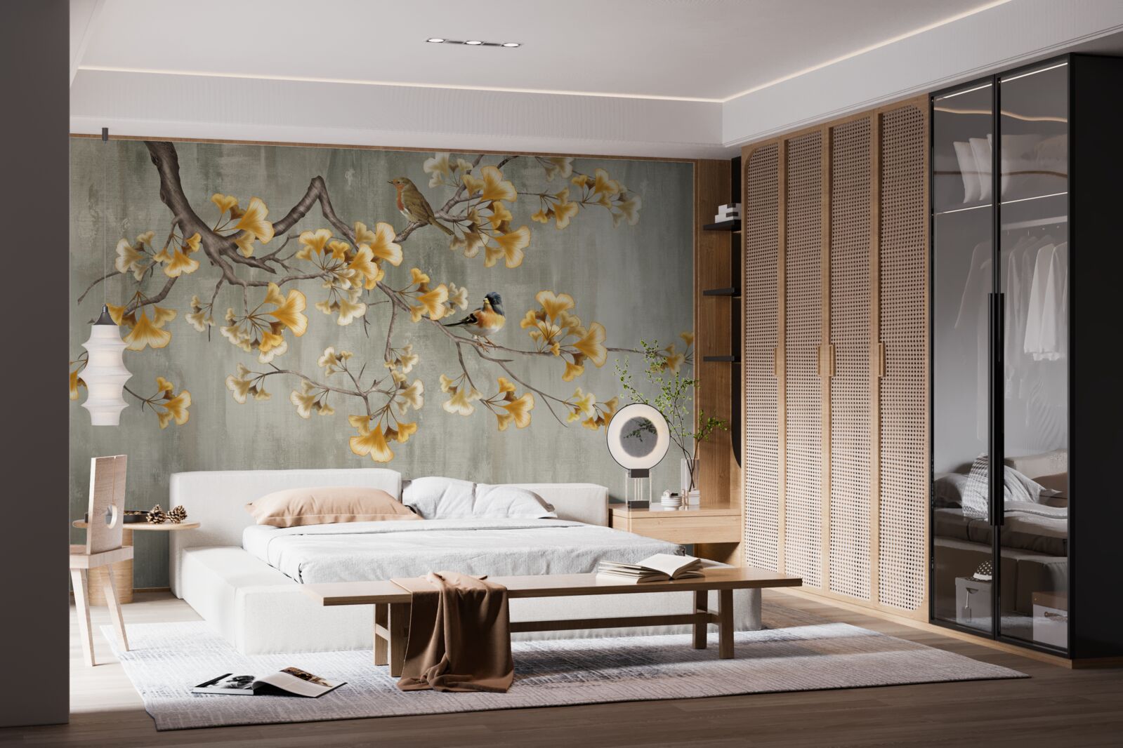 Fototapet păsări și o ramură cu flori galbene