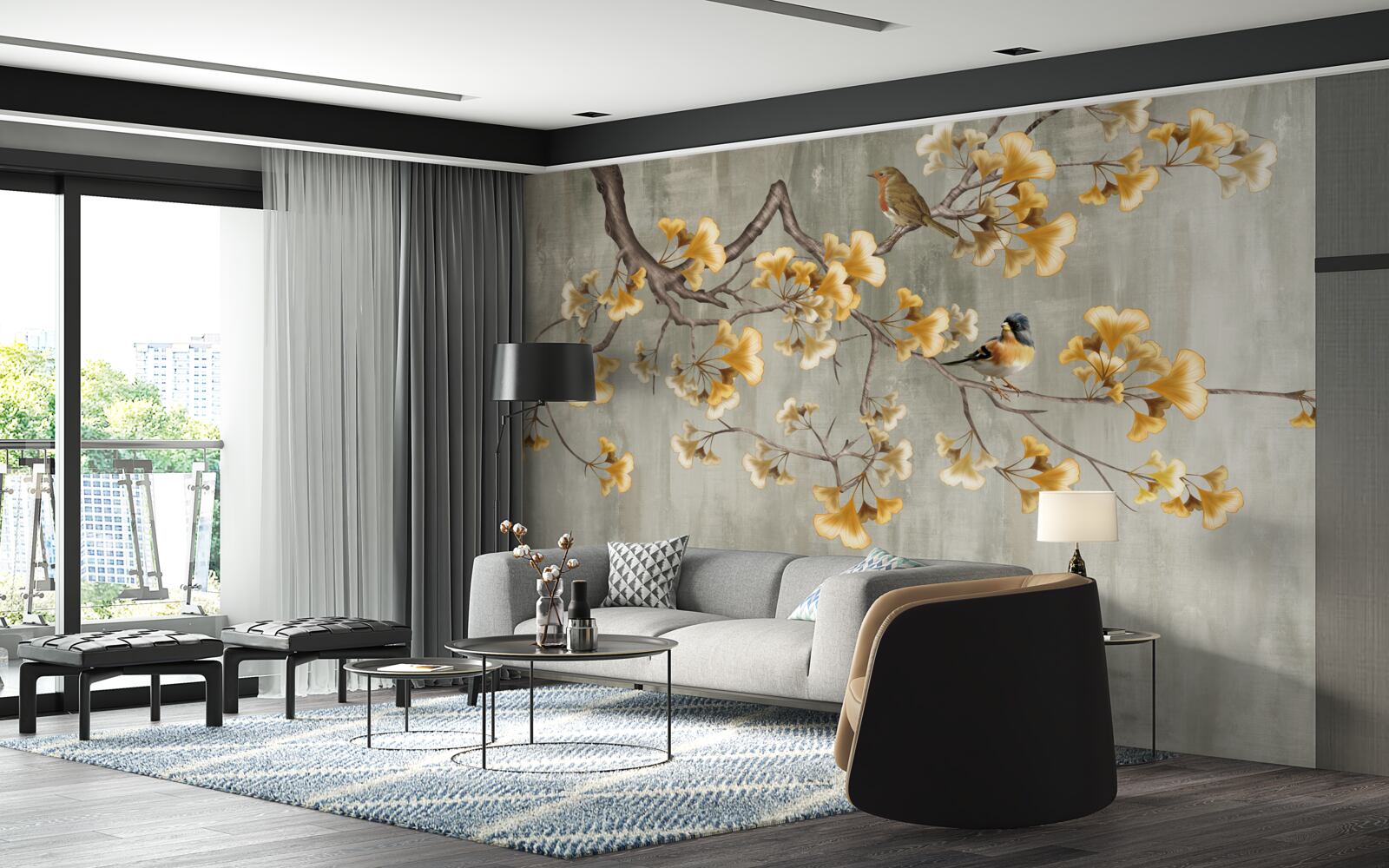 Fototapet păsări și o ramură cu flori galbene