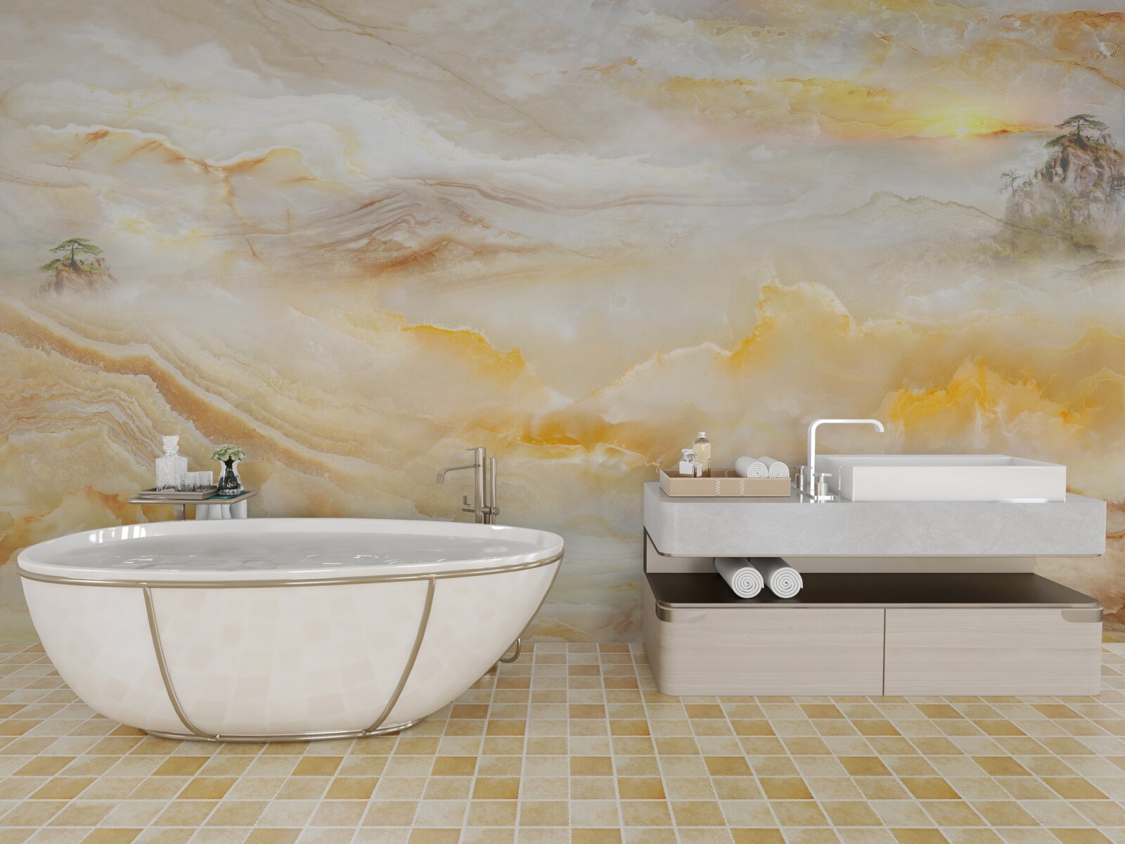 Fototapet o dimineață în munți, învăluită în ceață