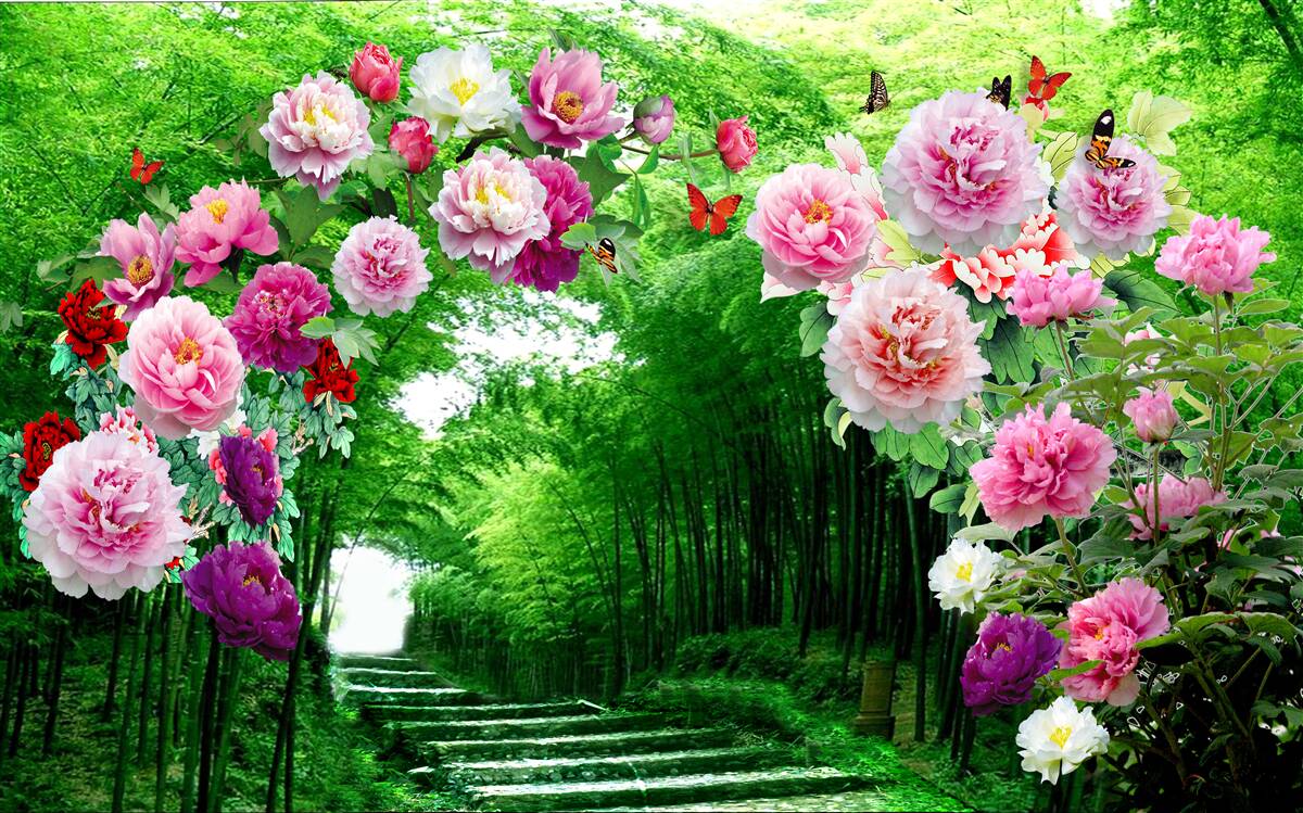 Fototapet flori și vulpi din bambus verde