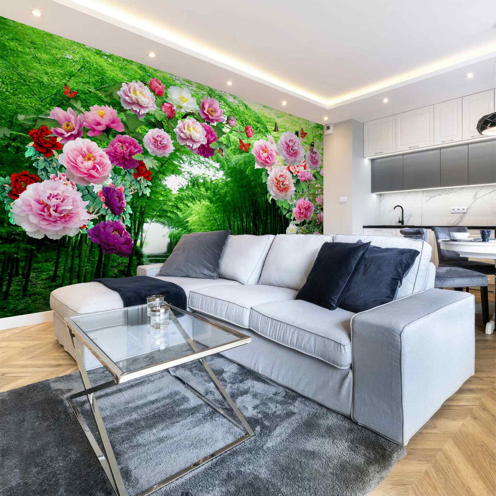 Fototapet flori și vulpi din bambus verde